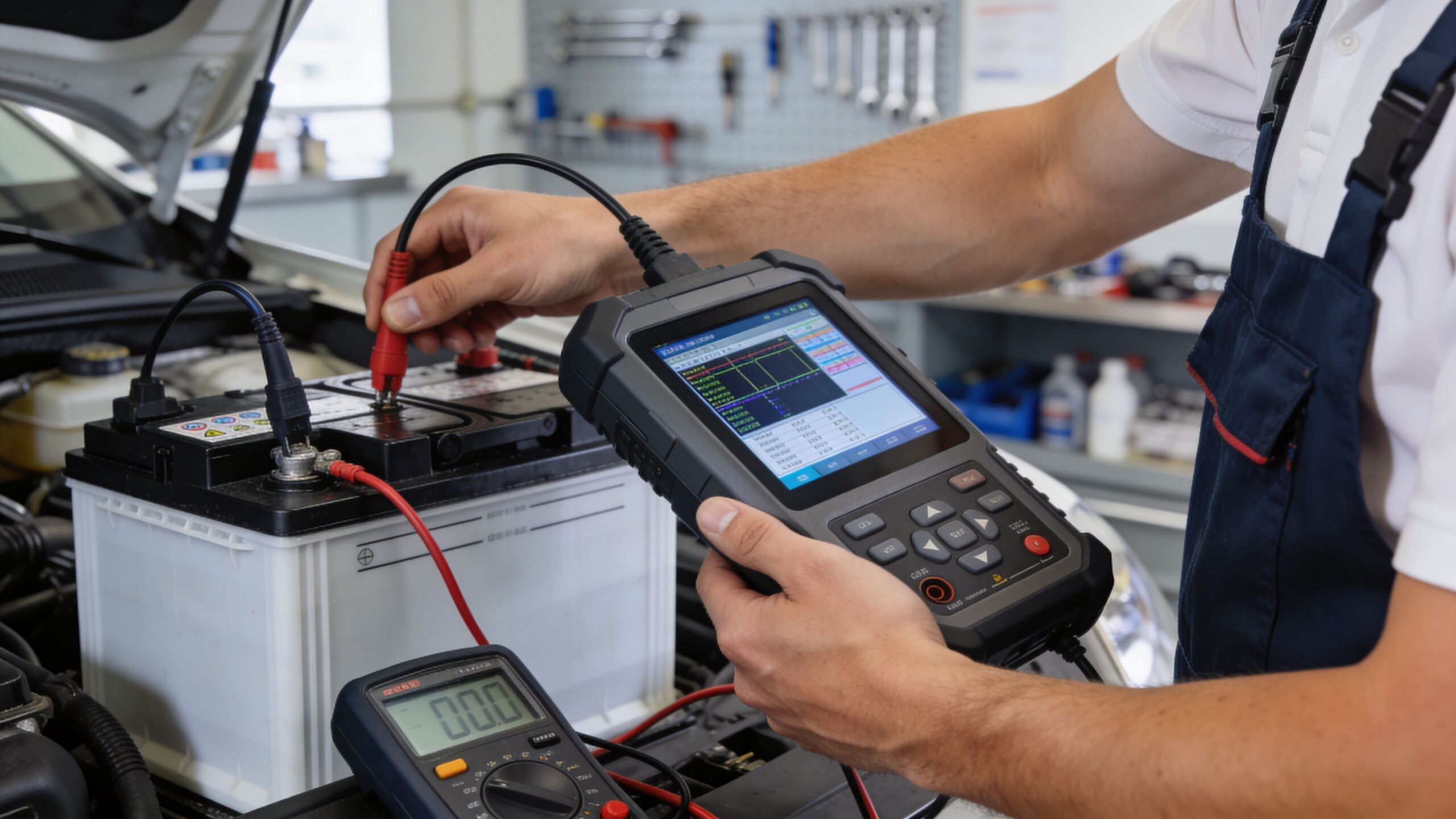 A professional automotive technician uses a diagnostic scanner and multimeter to check a car battery's voltage levels.