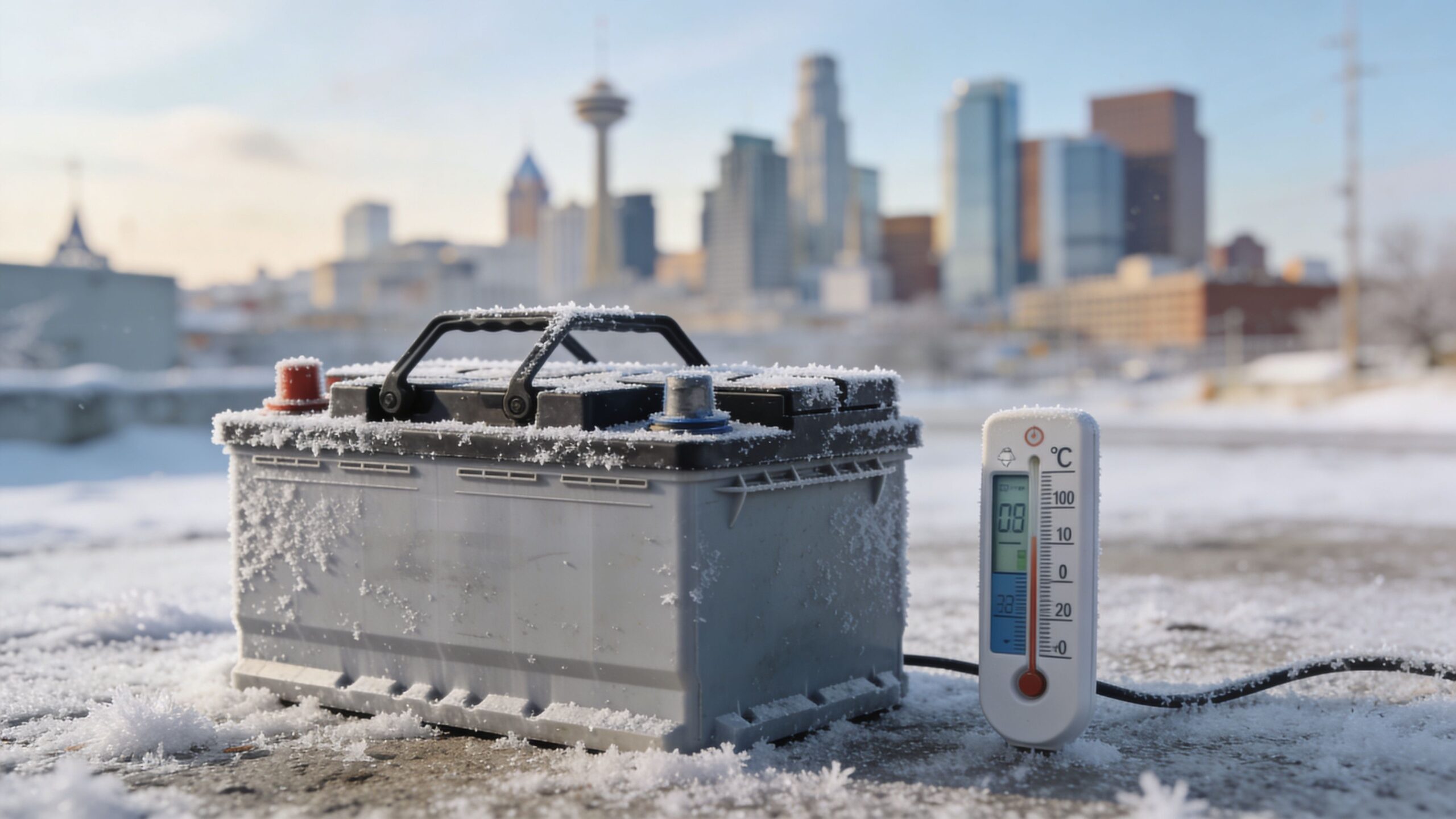 A car battery covered in frost sitting in the snow next to a digital thermometer displaying cold temperatures.