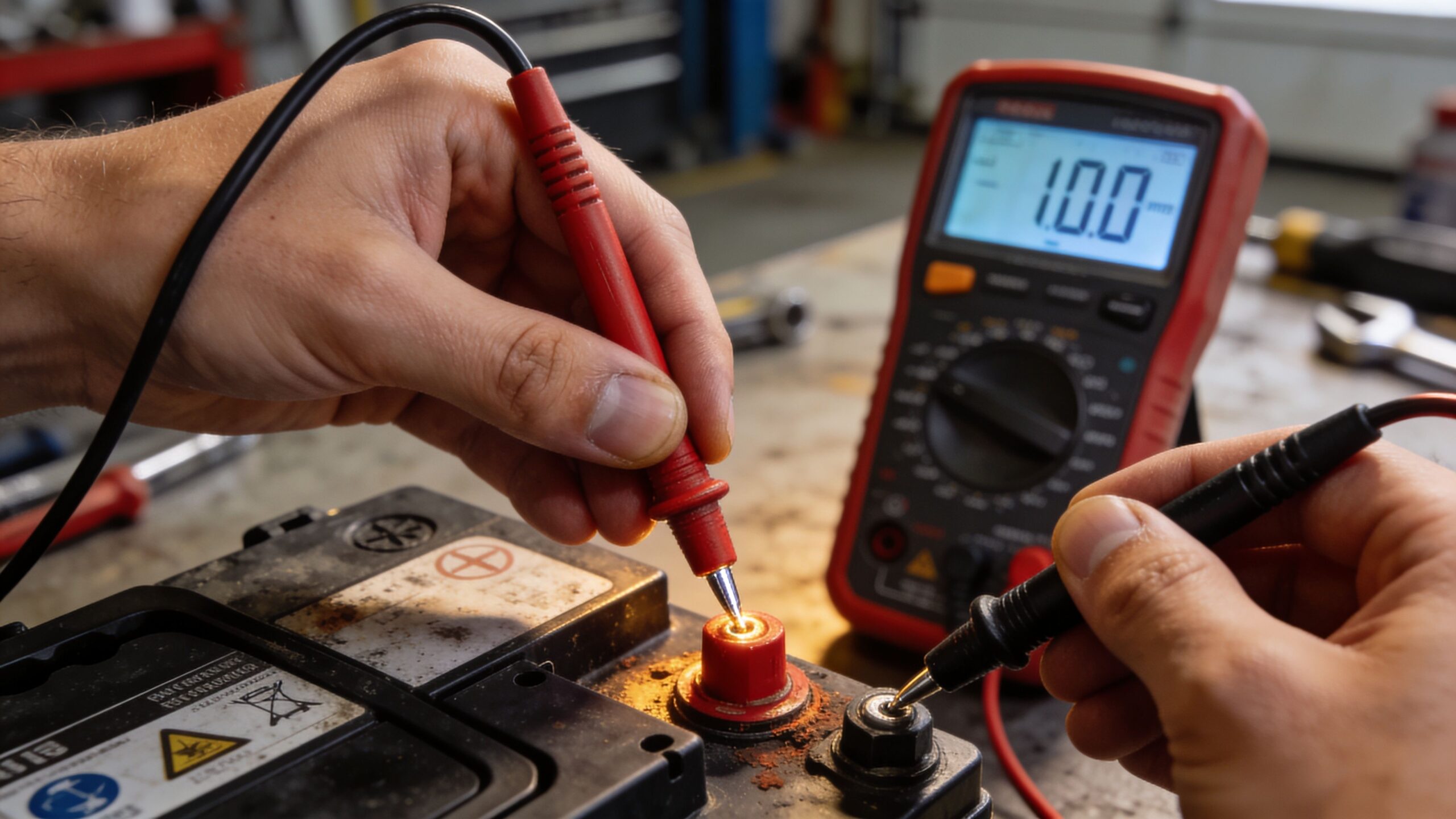 A technician uses a digital multimeter to measure the electrical voltage of a car battery in a workshop.
