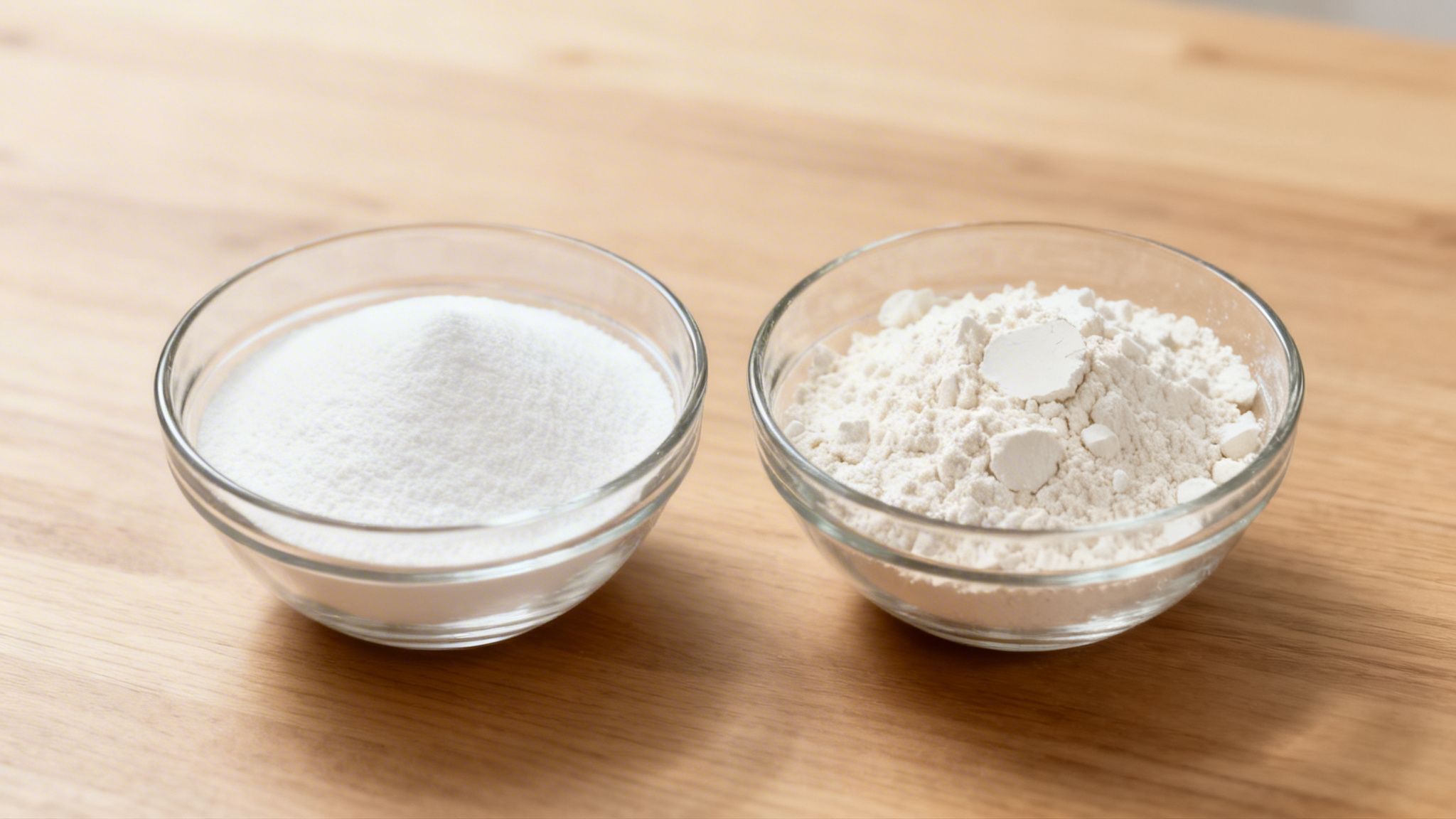 Two glass bowls containing white powders, one with smooth fine sugar and one with clumpy flour.