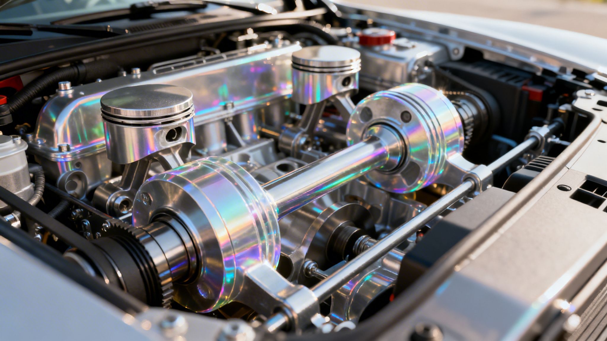 Close-up of a highly polished, iridescent metal car engine with visible pistons and internal components