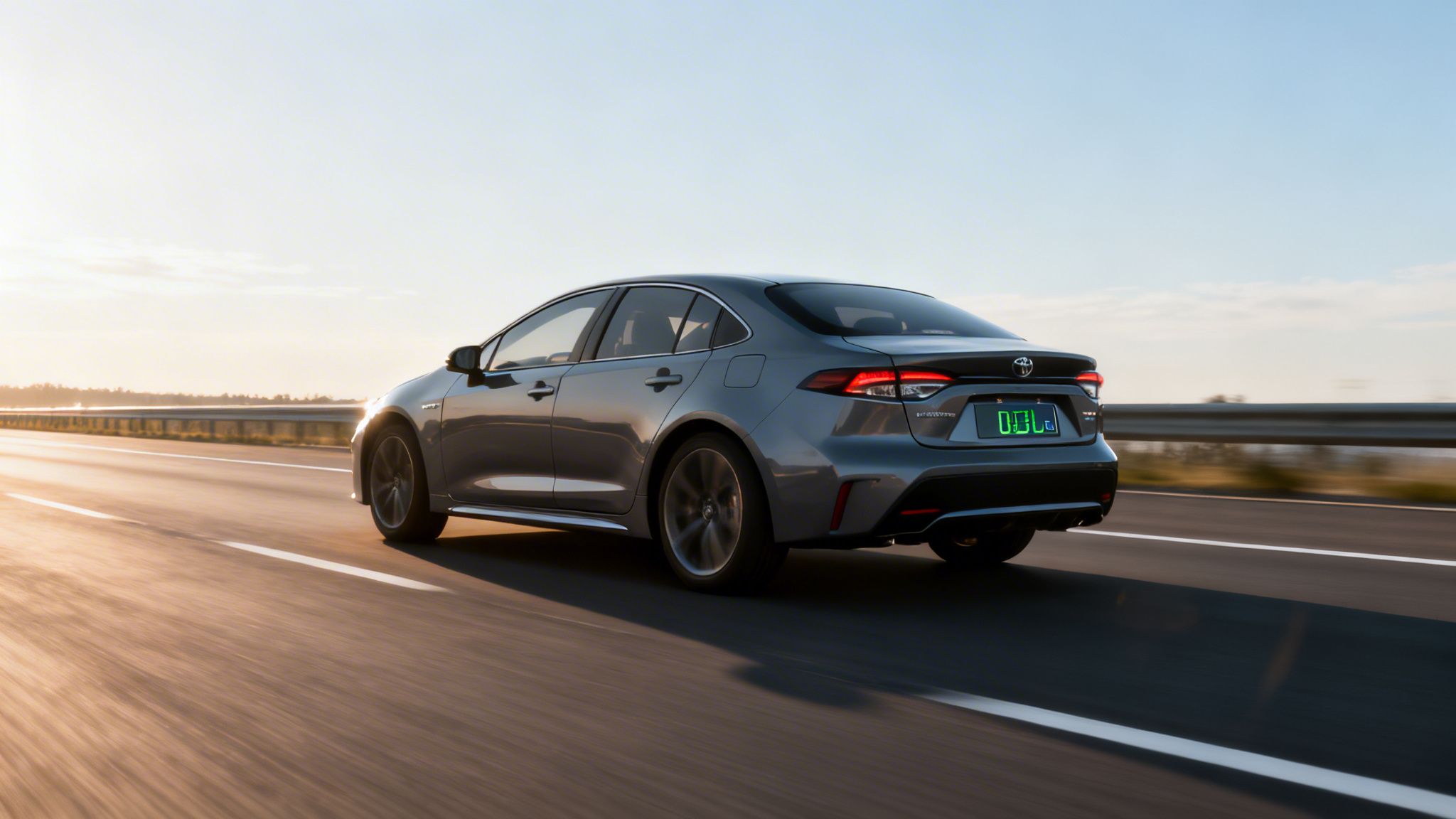 A gray Toyota Corolla sedan driving on a highway during a bright, sunny afternoon.