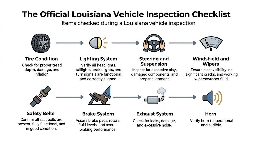 A visual checklist outlining the eight key components inspected during an official Louisiana vehicle safety inspection.