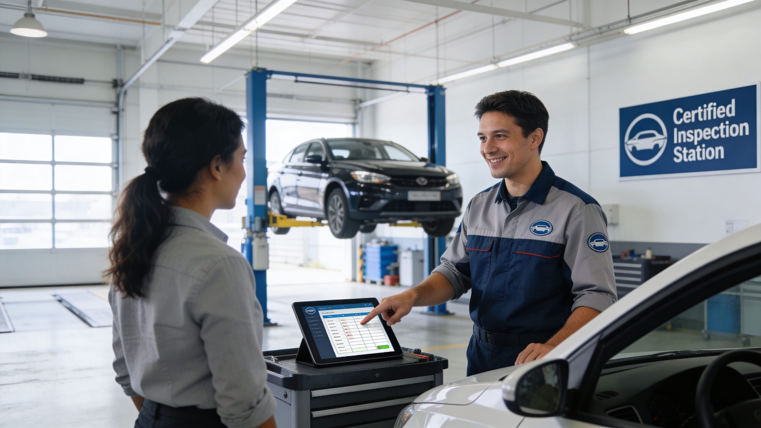 A friendly mechanic explains vehicle inspection results on a tablet to a customer in an auto repair shop.