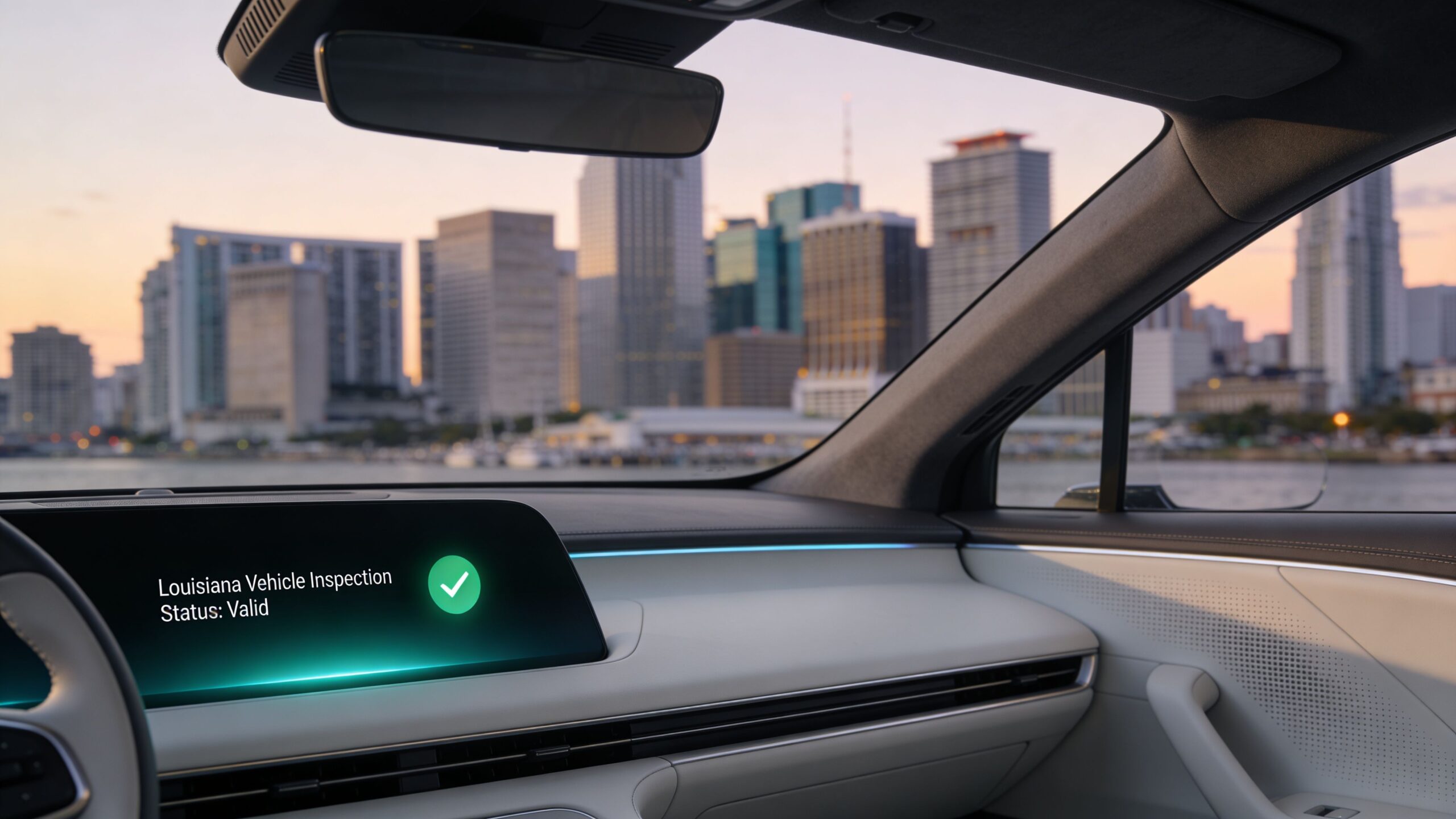 A modern car dashboard screen displaying a digital Louisiana vehicle inspection status notification with a green checkmark.