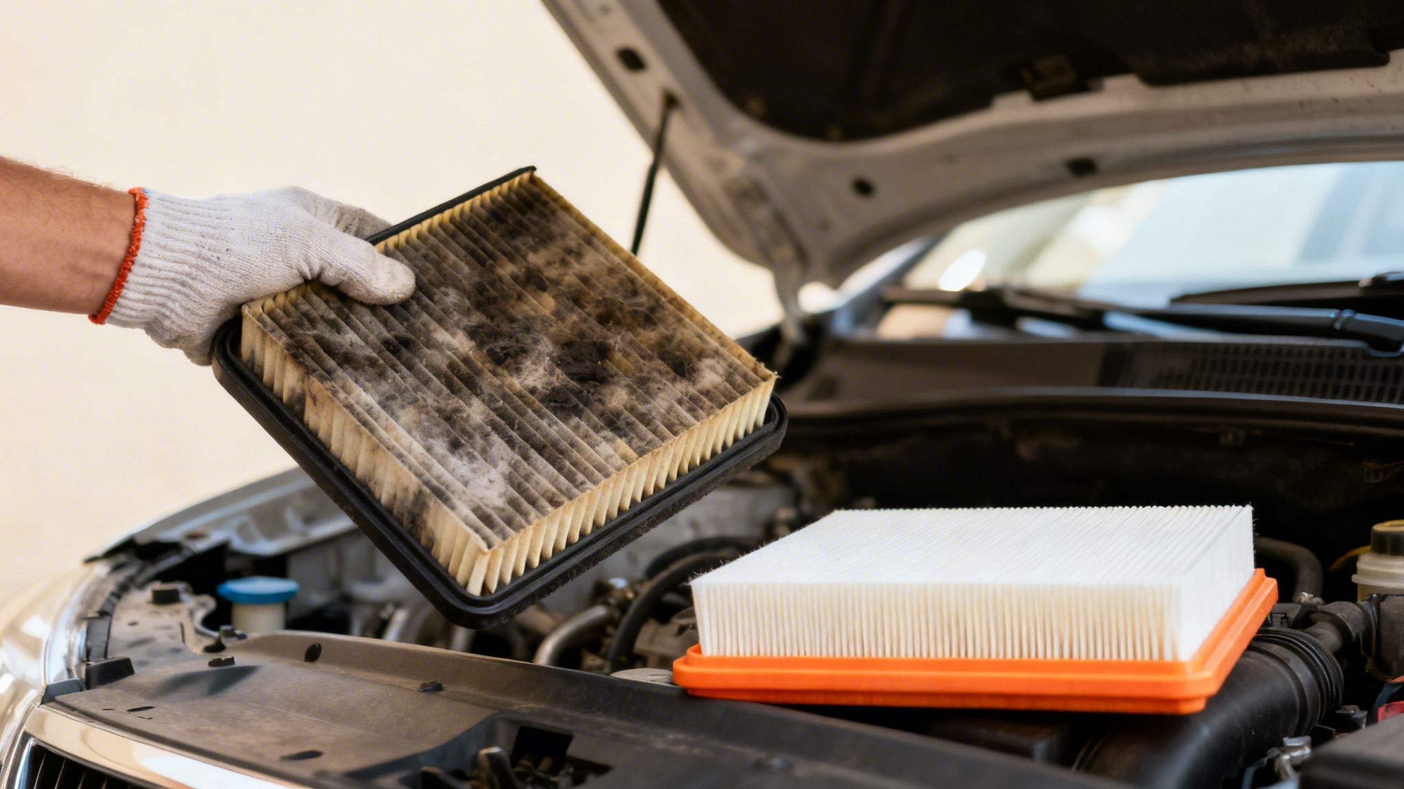 A gloved hand holds a dirty car air filter, while a clean new one sits on the engine.