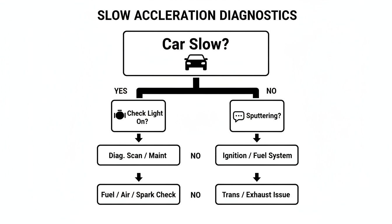 A diagnostic flowchart for slow car acceleration, guiding through checks like engine light, sputtering, fuel, and transmission.
