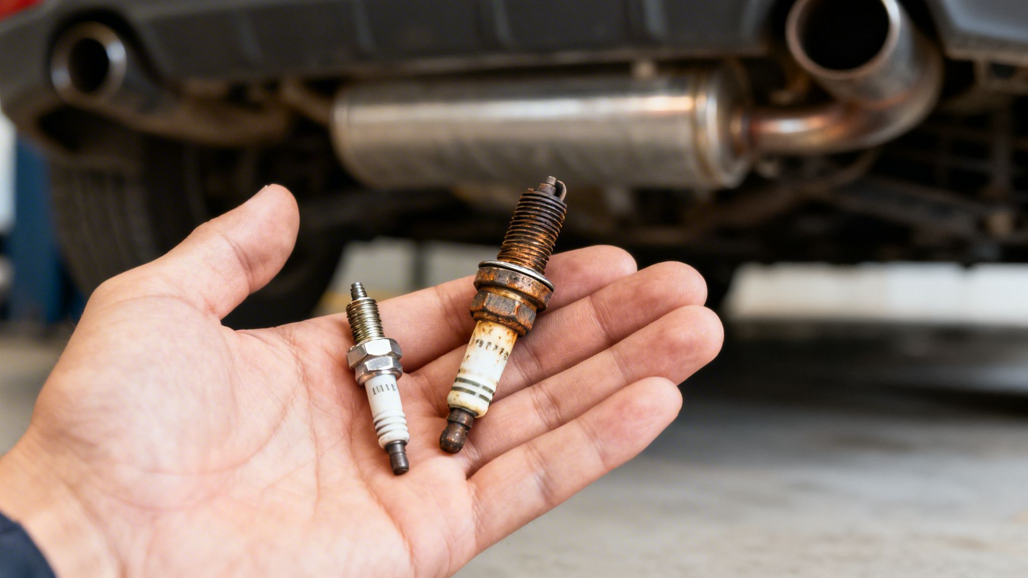 Hand holding new and old spark plugs, showing wear and tear, under a car.