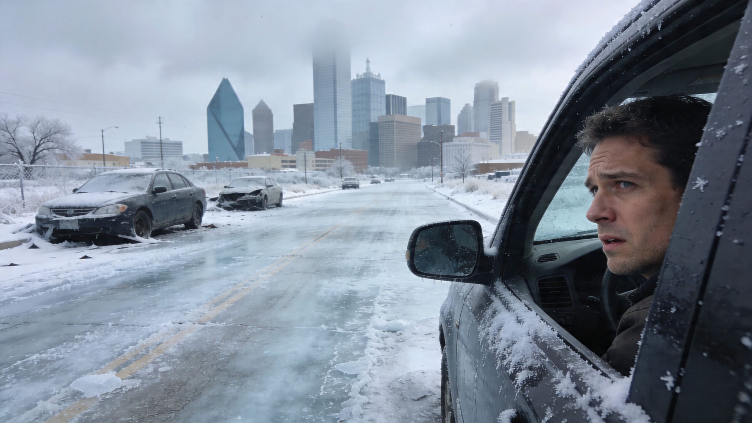 A worried man sits in his snow-covered car overlooking a frozen city street in Dallas.