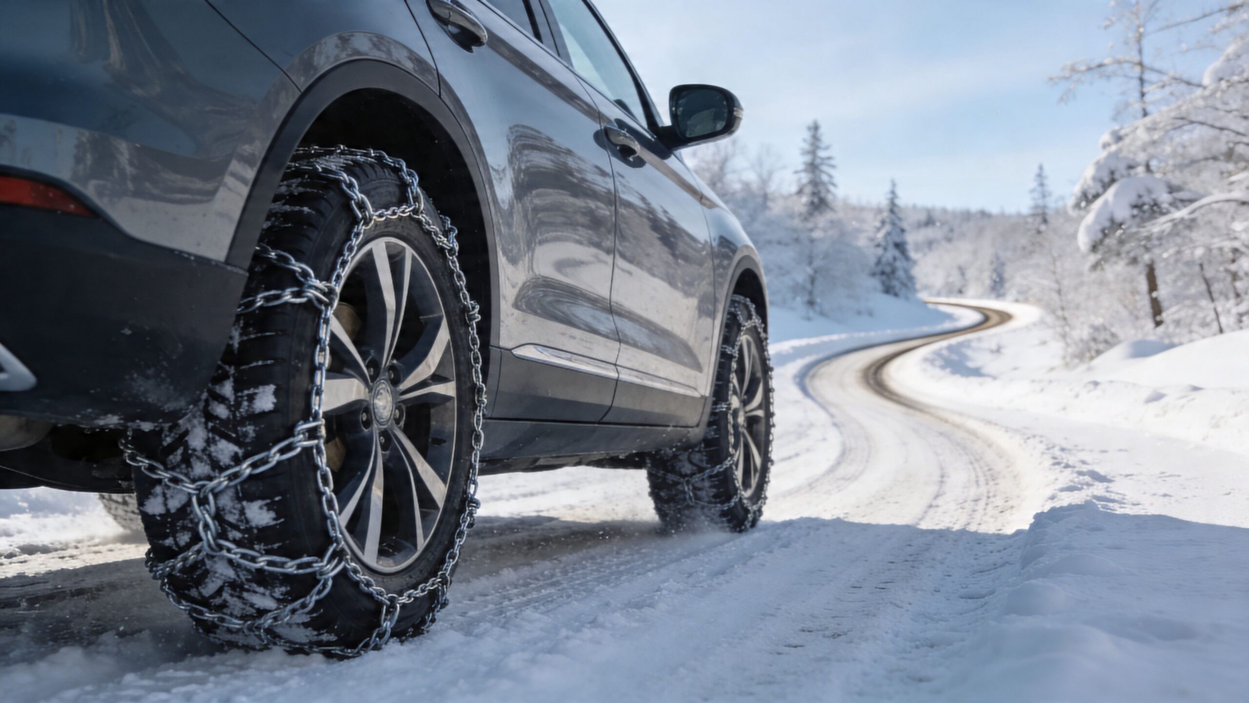 A gray SUV driving on a snowy mountain road with metal tire chains installed on its wheels.