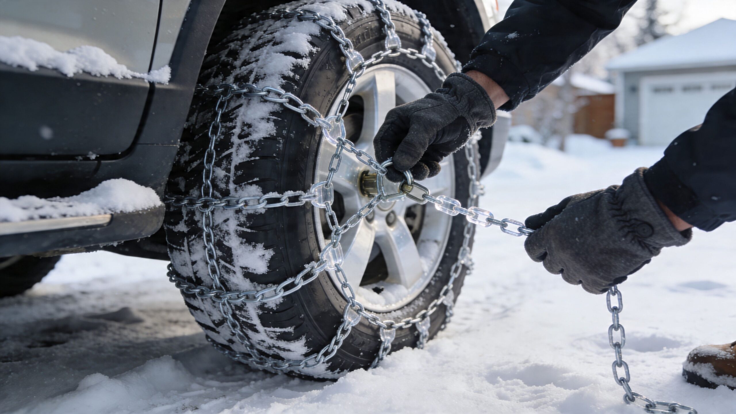 A person wearing gloves securely installs snow tire chains onto a vehicle wheel during winter.
