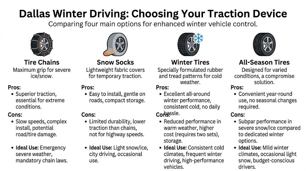A comparison chart outlining the pros, cons, and ideal use cases for four different winter traction devices.
