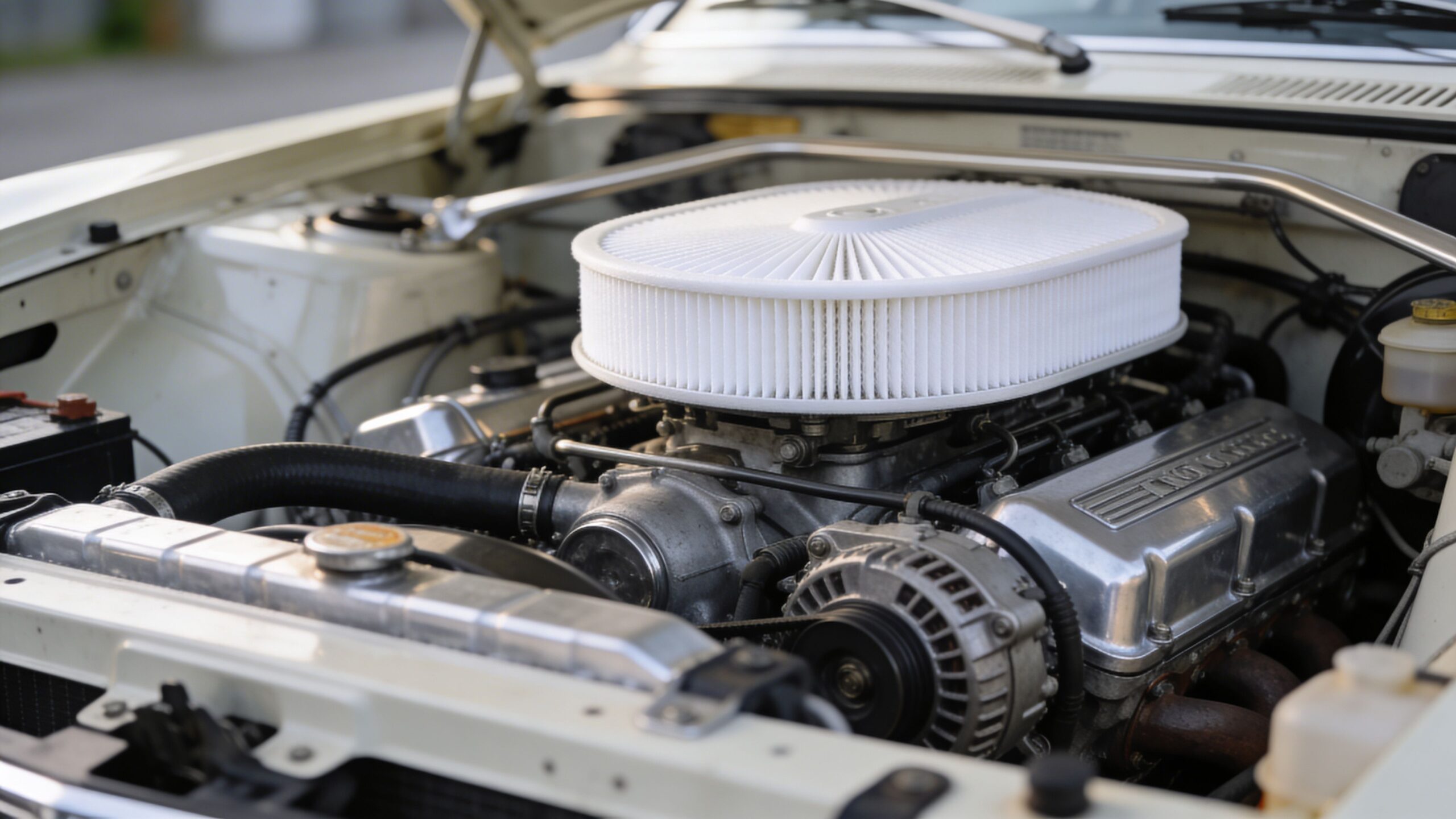 A close-up view of a clean engine bay in a classic car featuring a new white air filter.