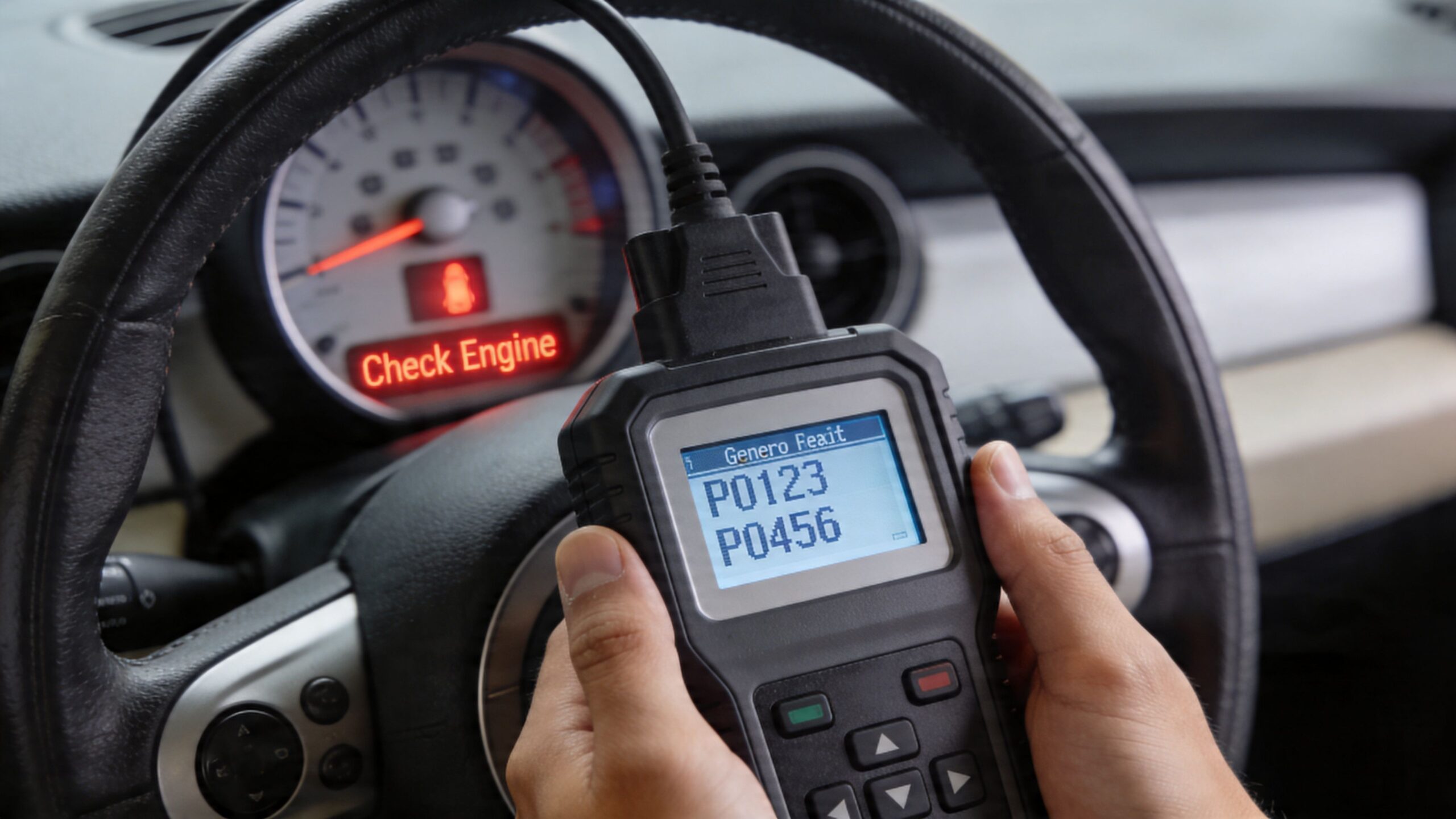 A car mechanic holding a diagnostic scanner displaying engine fault codes in front of a car steering wheel.