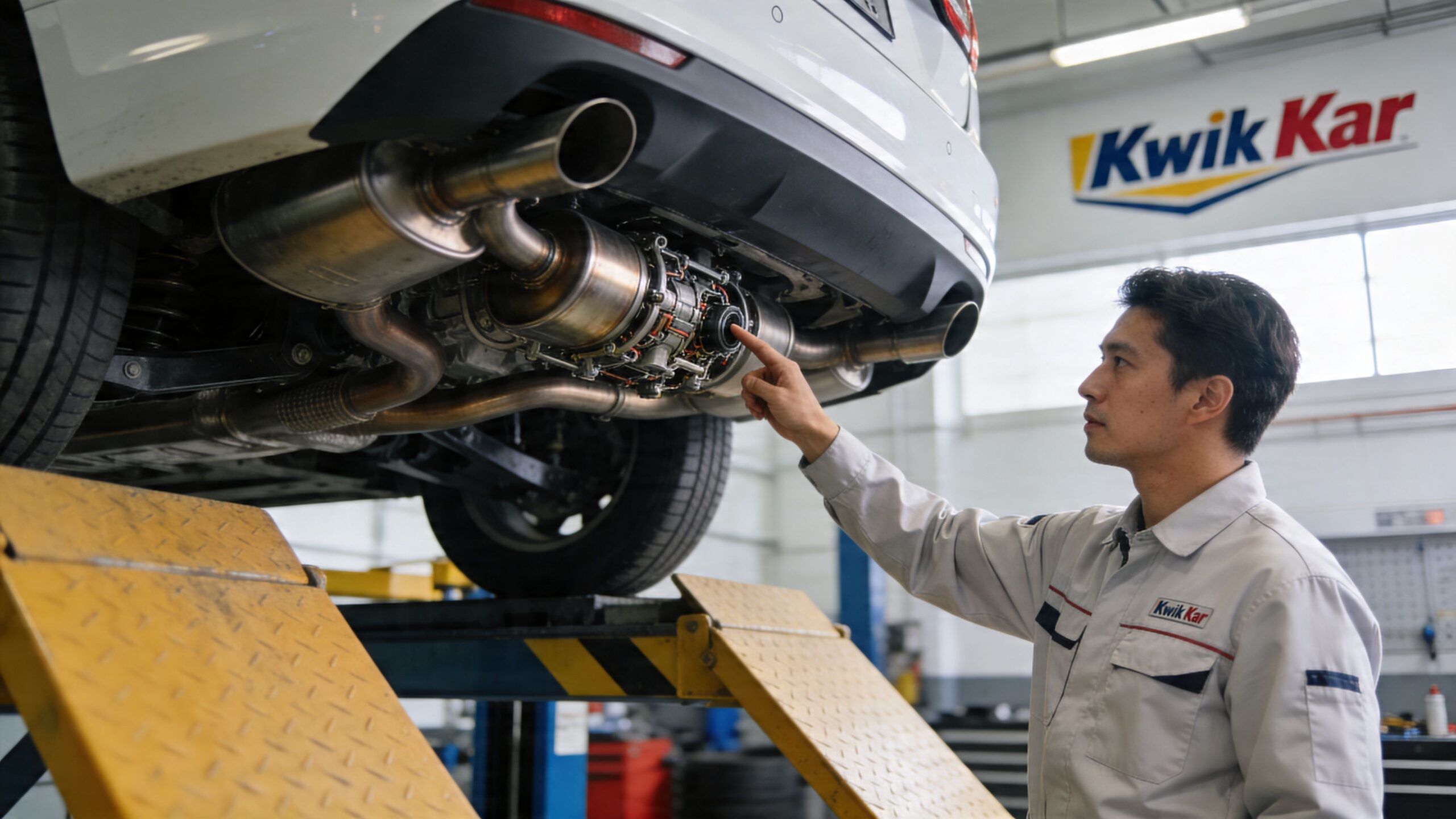 A professional mechanic in a Kwik Kar uniform inspecting the undercarriage of a car on a lift.
