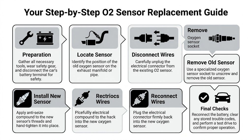 An infographic showing a step-by-step guide for replacing a car's oxygen sensor in eight distinct stages.