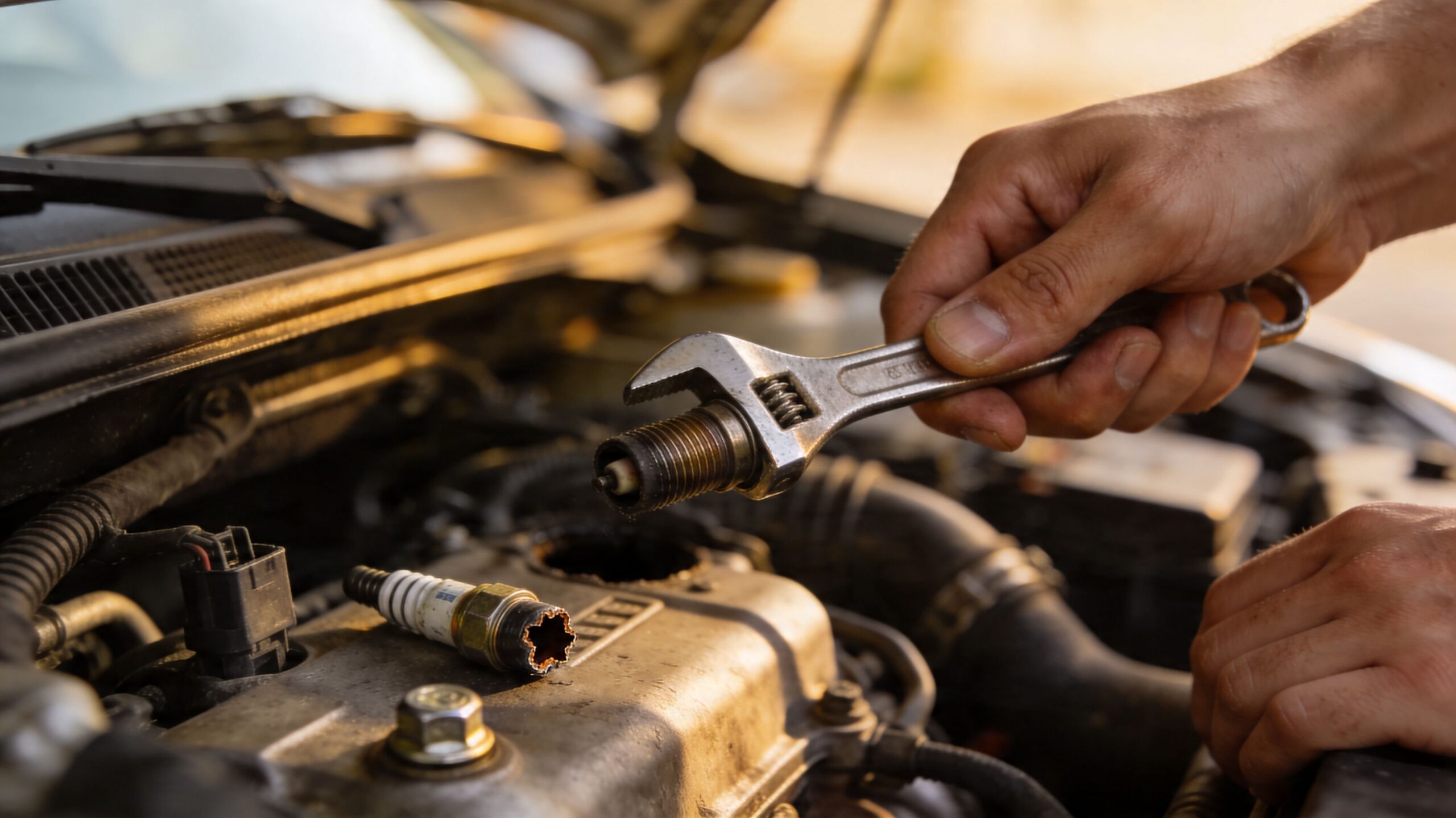 A close-up of a mechanic holding an adjustable wrench with a removed spark plug over an engine.
