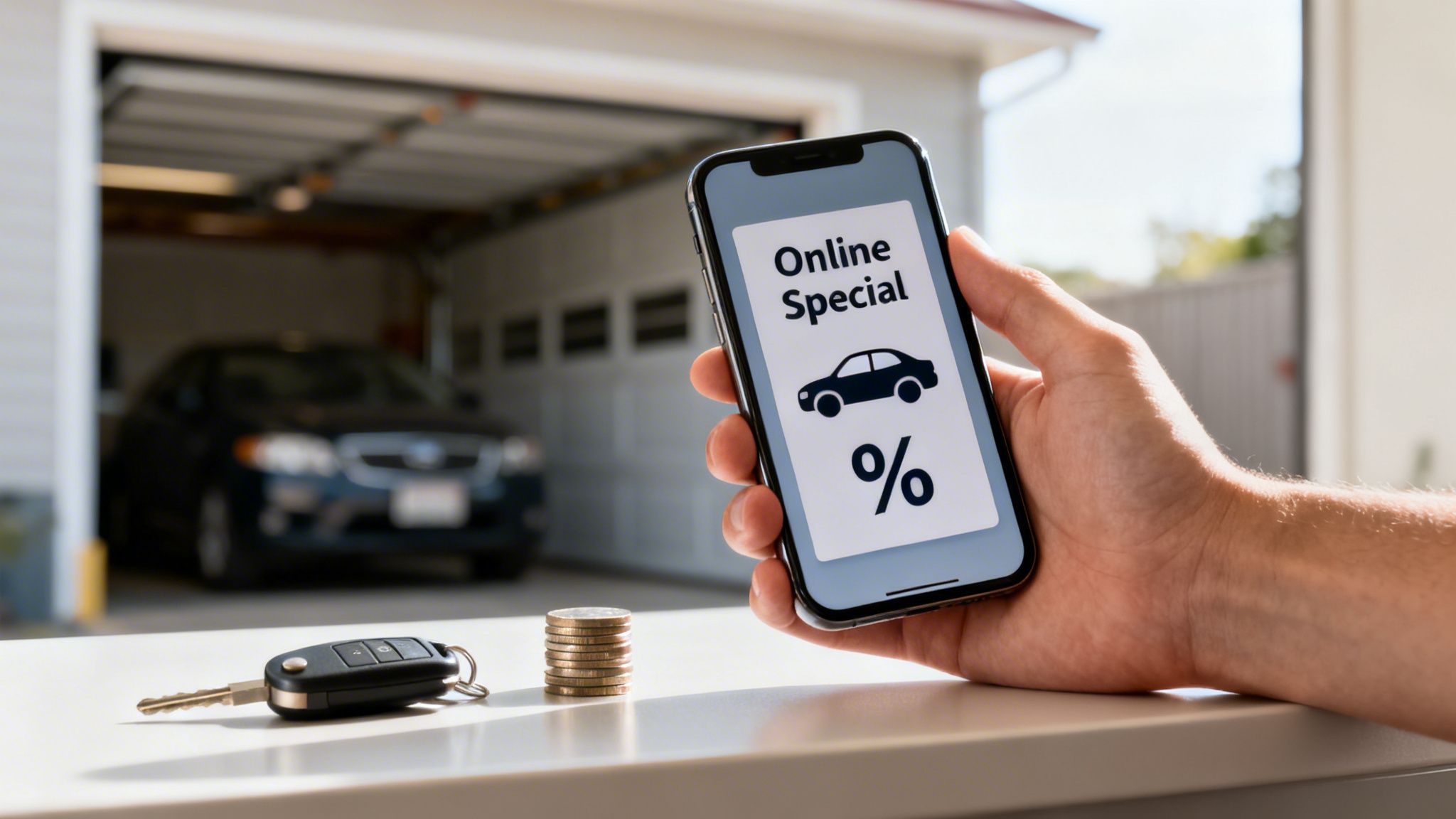 A hand holds a smartphone showing an online car special, with car keys, coins, and a car in a garage.