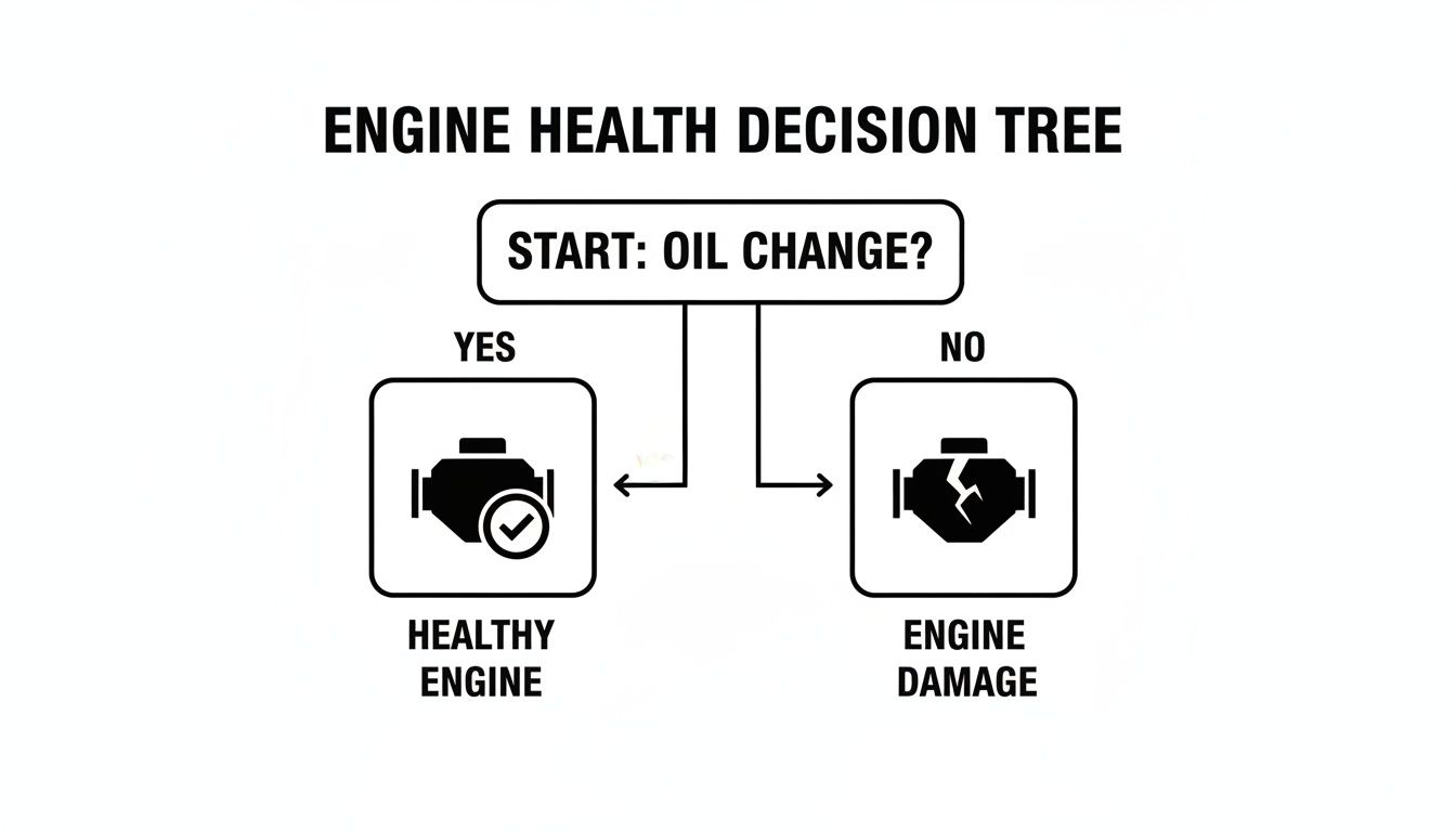 Decision tree showing engine health outcomes based on performing an oil change: healthy engine if yes, engine damage if no.