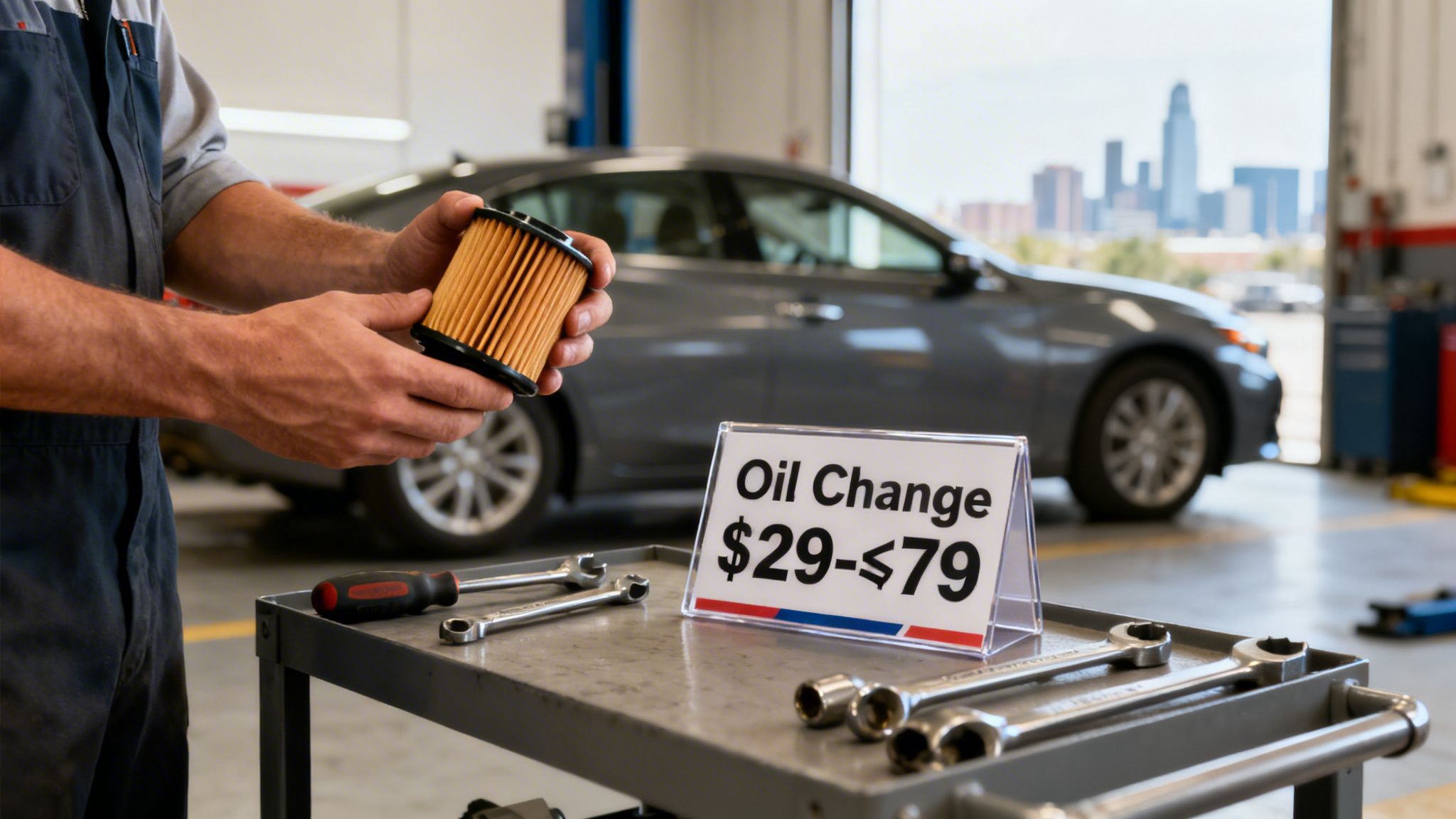 A mechanic holds an oil filter in a garage, with an 'Oil Change $29-$79' sign on a tool cart.