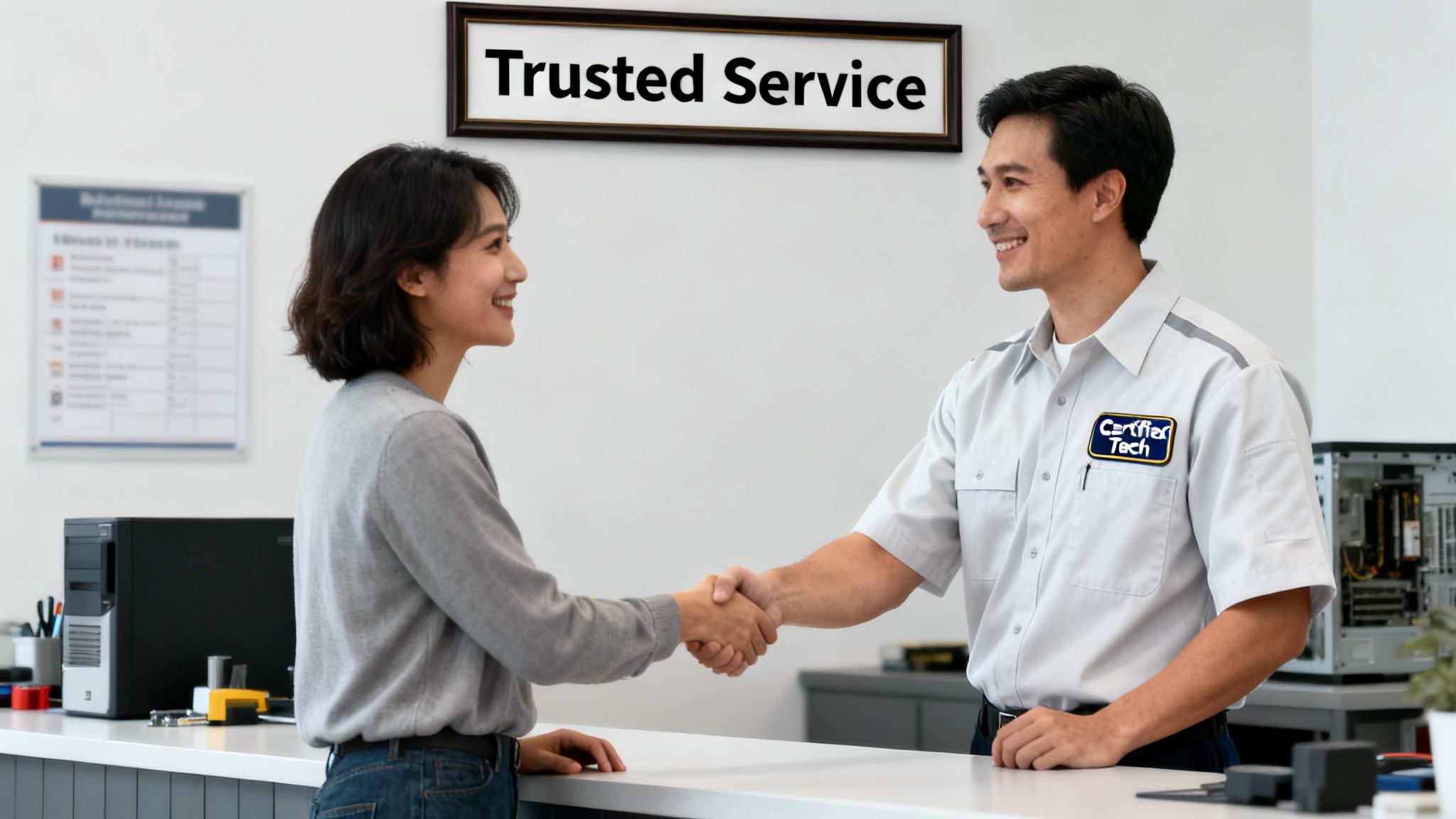 A smiling female customer shakes hands with a certified technician in a computer service shop.