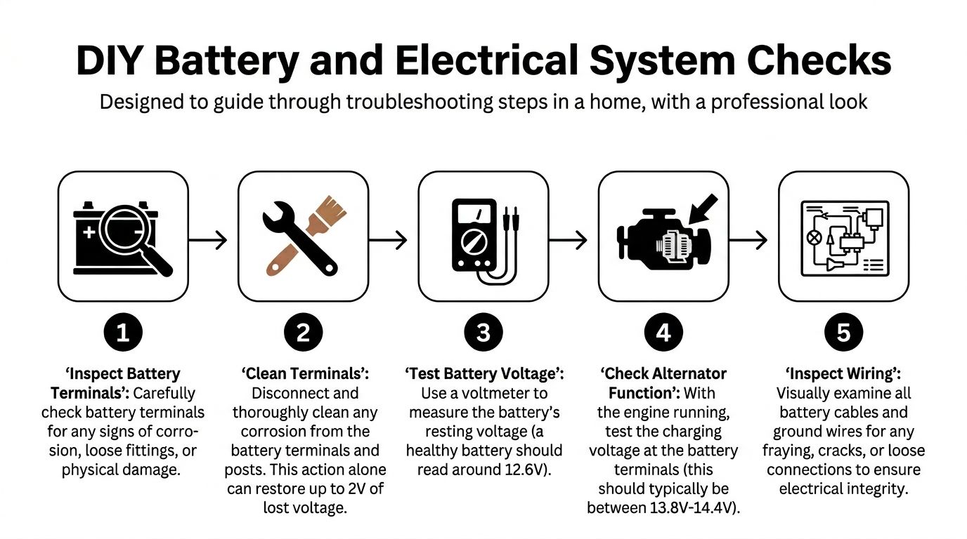 A five-step infographic showing how to perform DIY checks on a vehicle battery and electrical system.