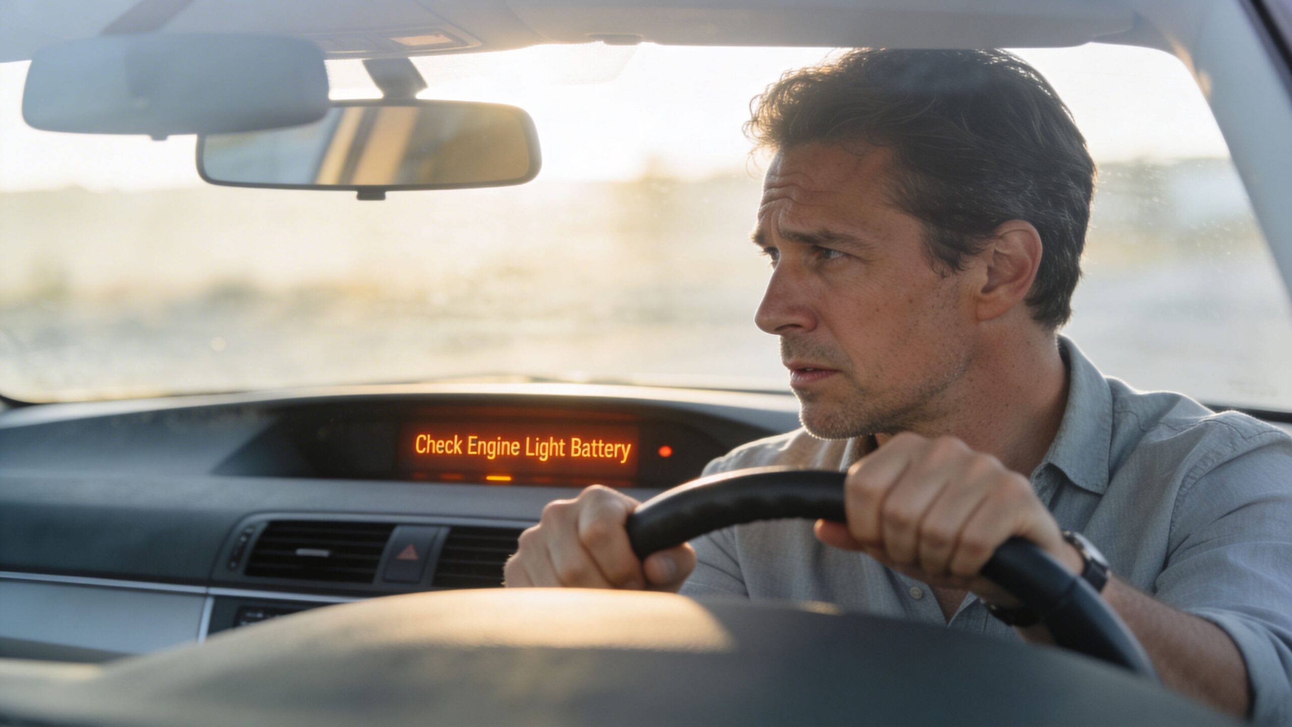 A concerned middle-aged man driving a car with a Check Engine Light Battery warning on the dashboard.
