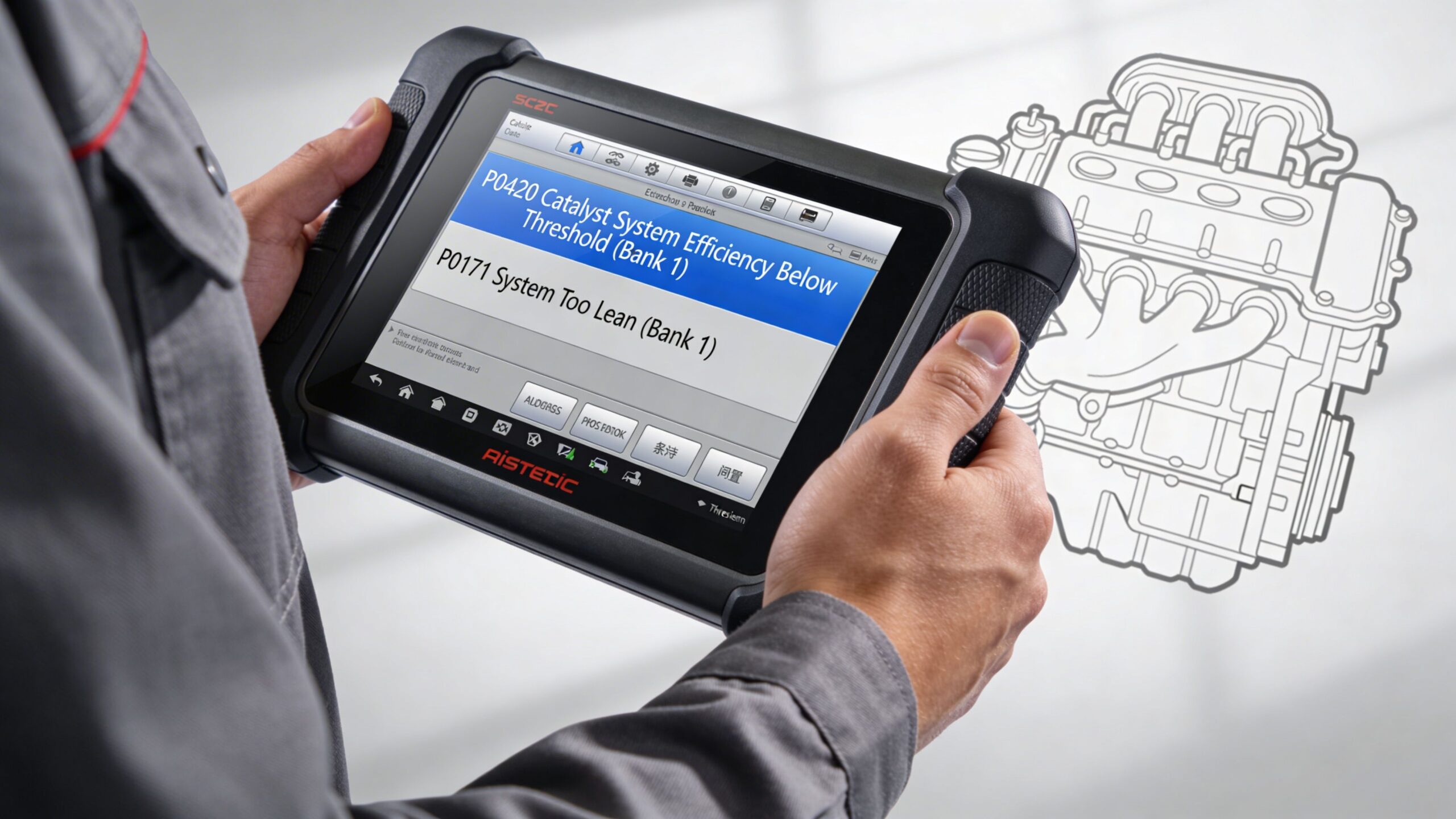 A technician holds a diagnostic tablet displaying P0420 and P0171 error codes with an engine diagram outline.