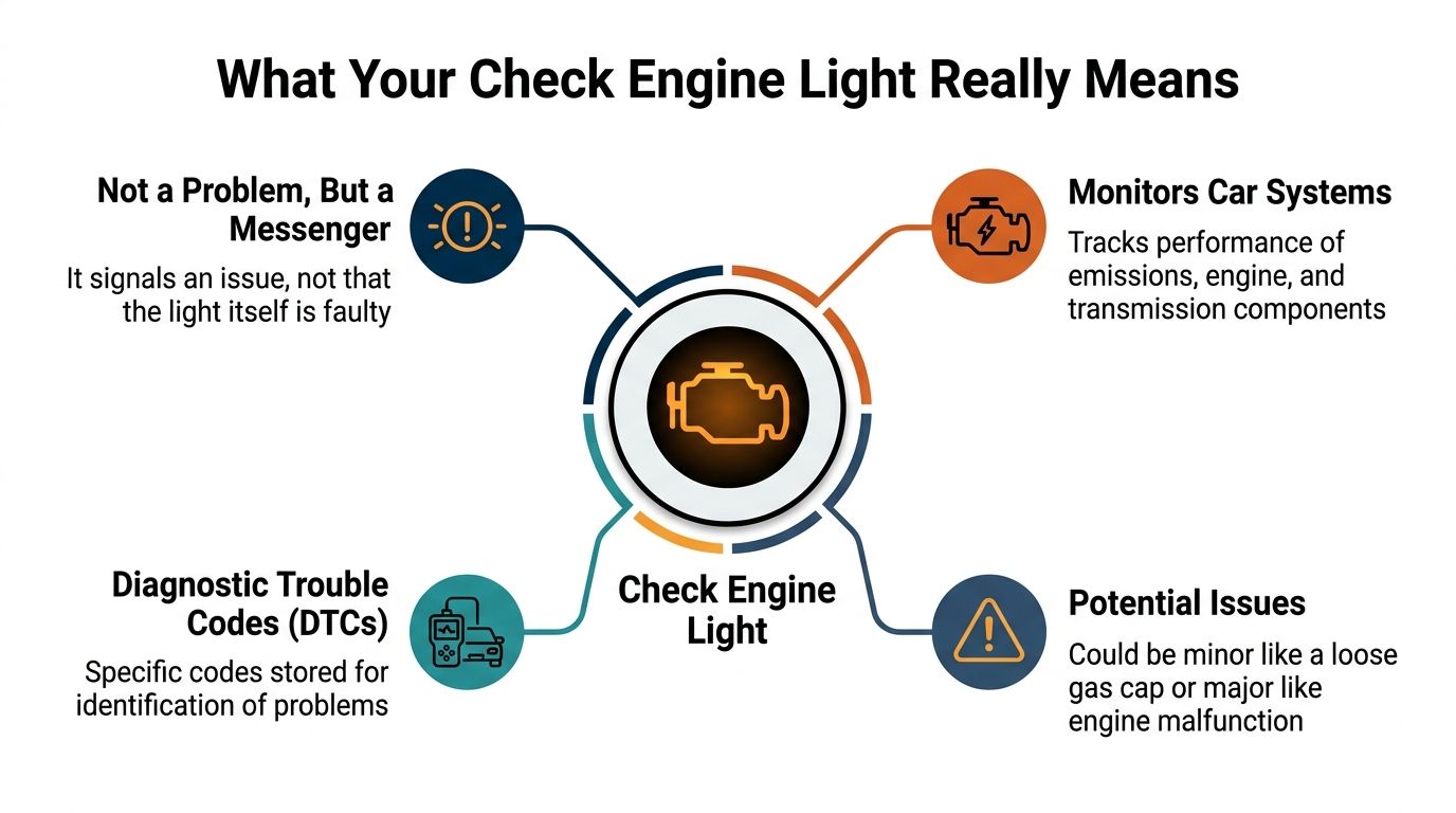 An infographic explaining that a check engine light indicates system issues and stores diagnostic trouble codes.