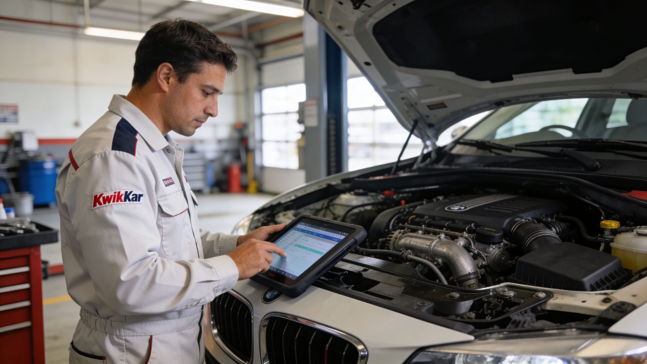 A professional mechanic in a KwikKar uniform inspecting a car engine using a diagnostic tablet computer.