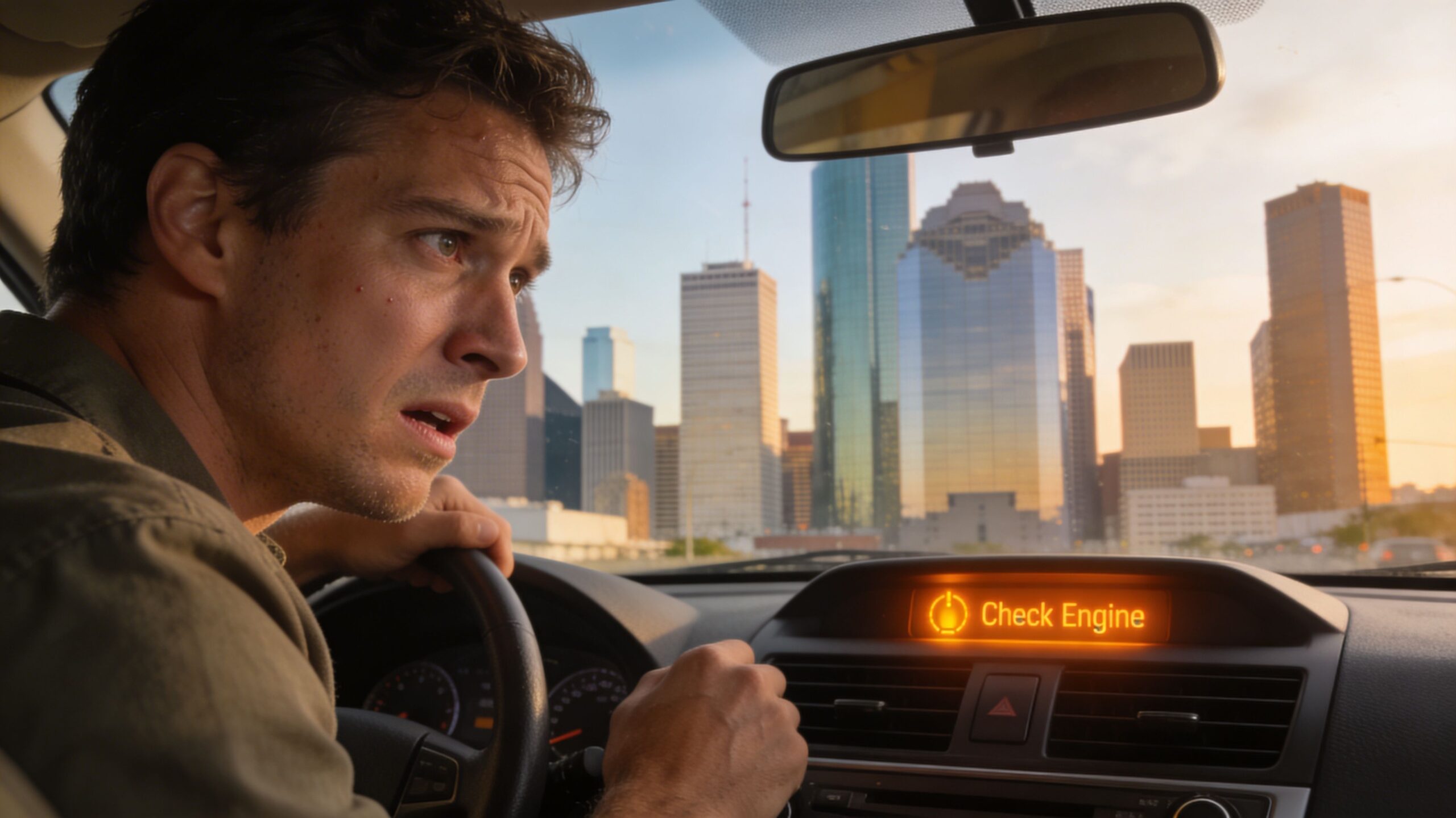 A concerned male driver looking worried while seeing a check engine light warning on his car dashboard.