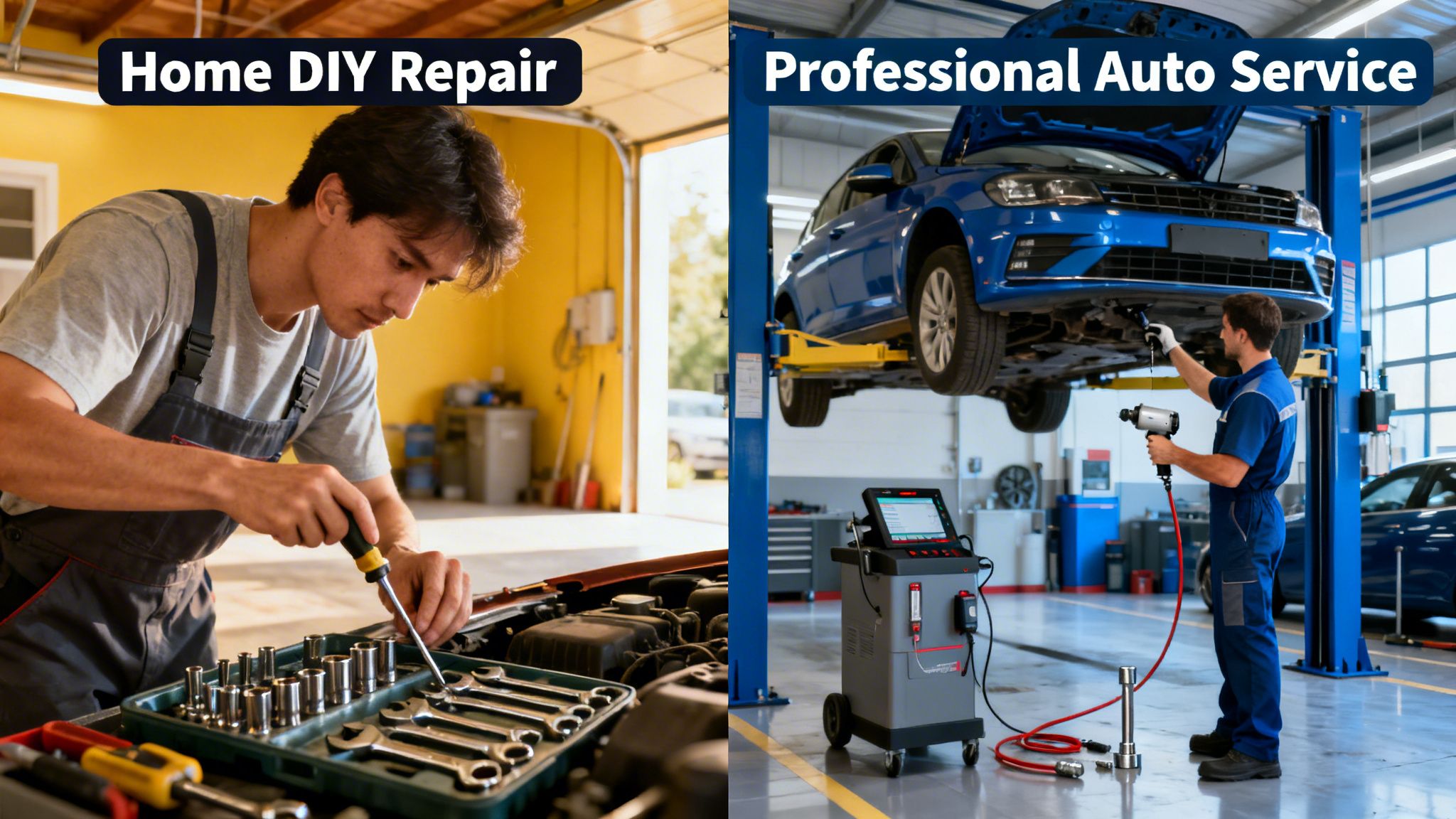 A split screen comparison showing a DIY home car repair versus a professional auto service shop.