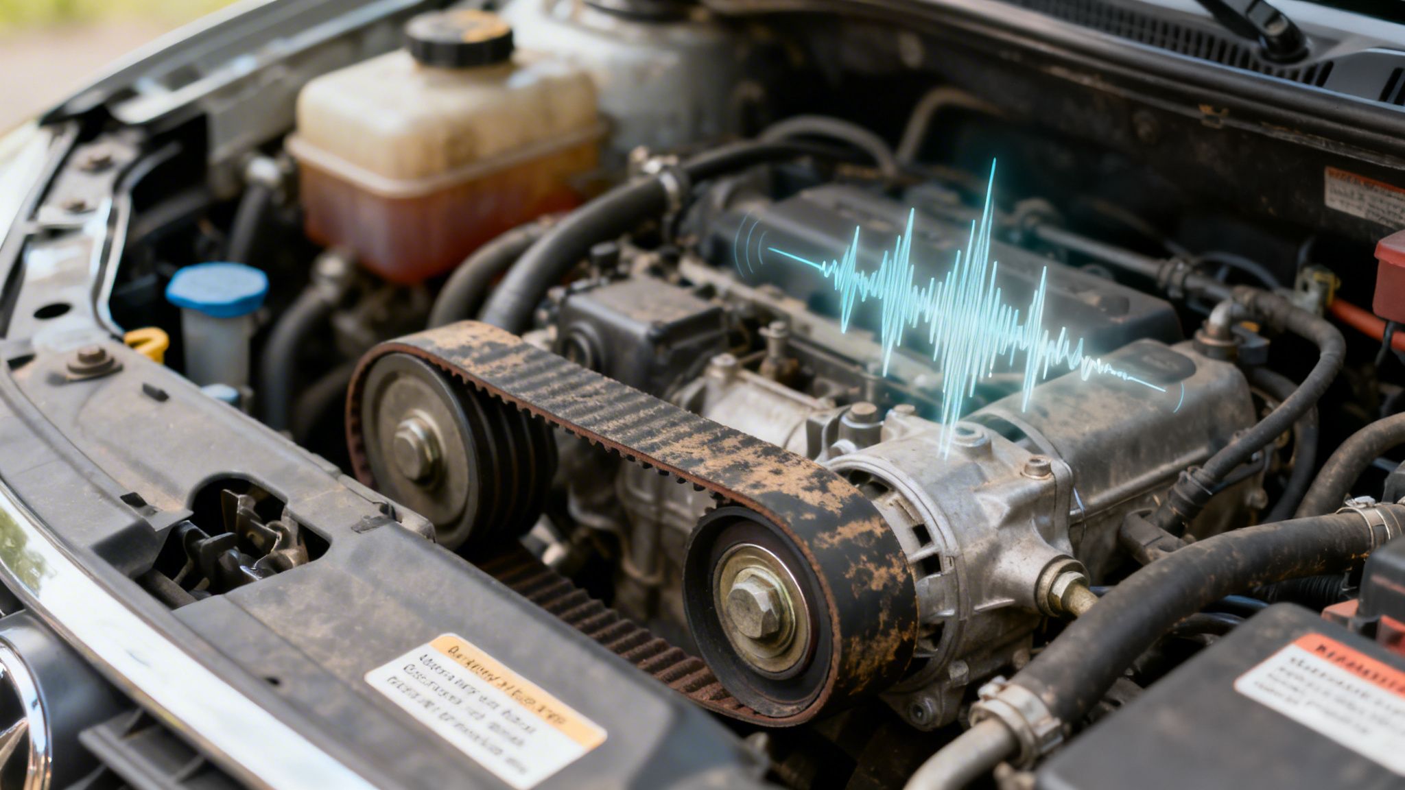 A close-up view of an open car engine bay highlighting potential belt wear with a sound frequency graphic.