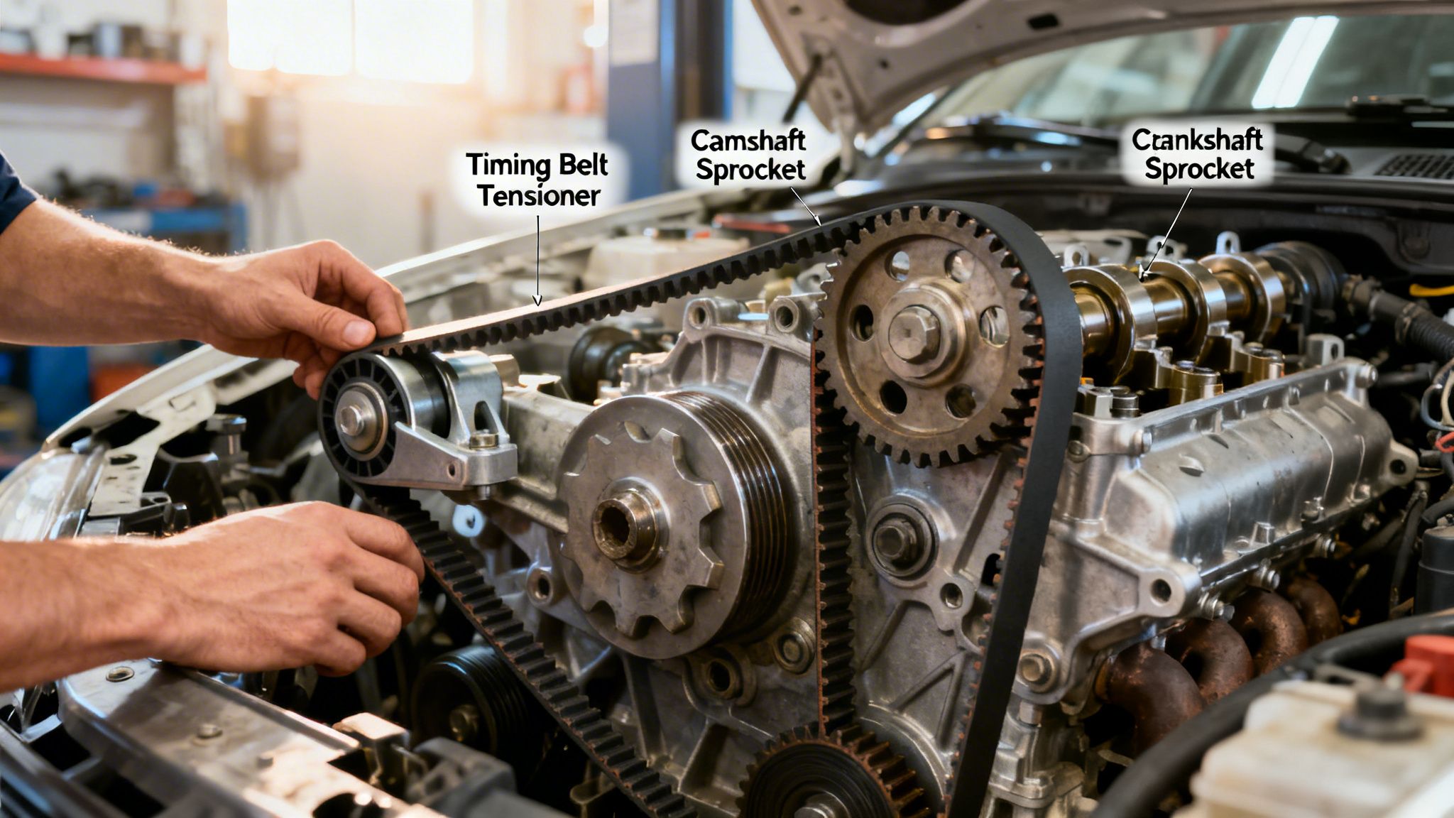 A professional mechanic installing a new timing belt on a vehicle engine in an auto repair shop.