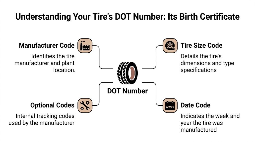 A diagram explaining the components of a tire's DOT number, including manufacturer, size, and date codes.
