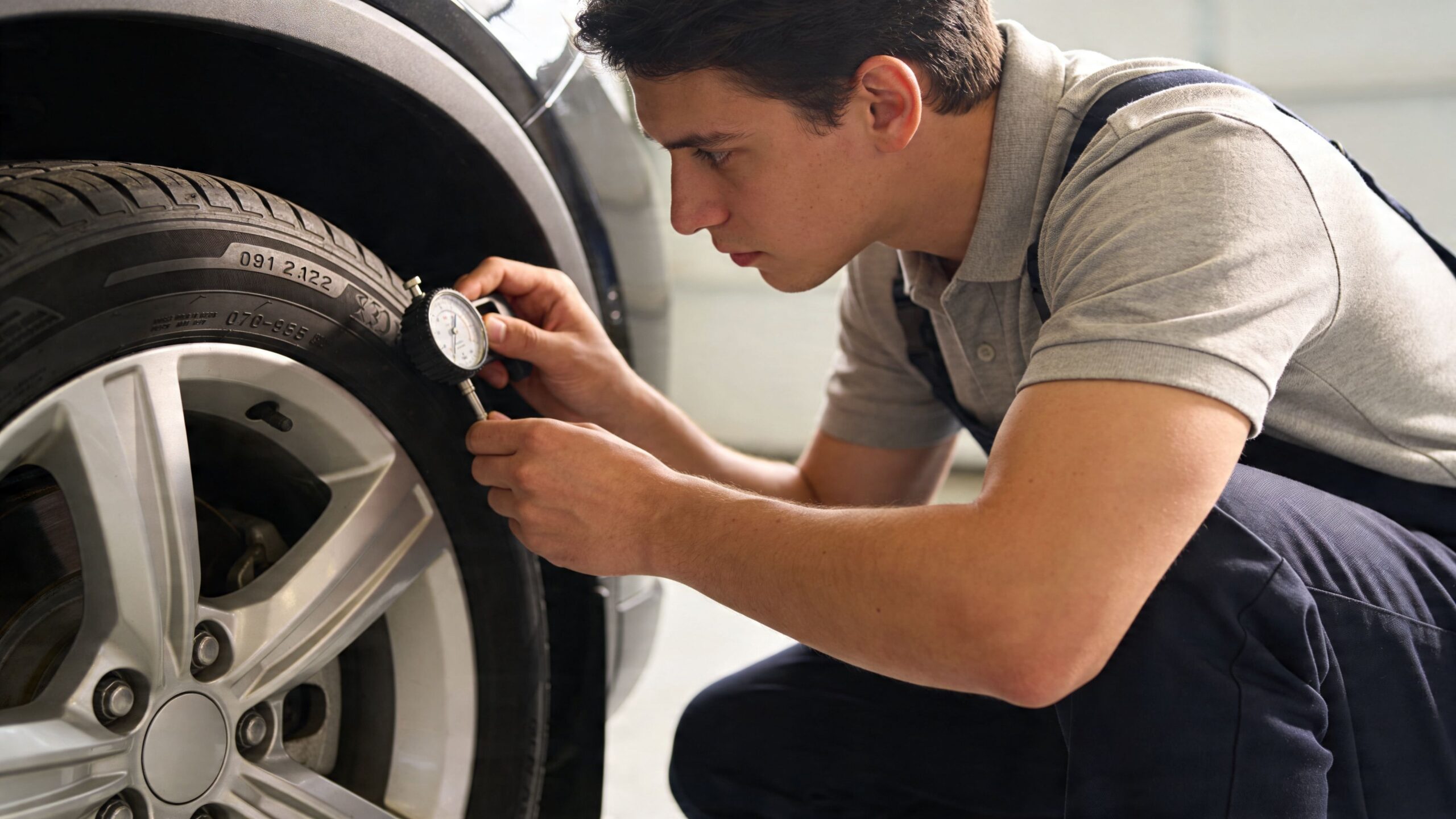 A young male mechanic in overalls inspecting the tread depth of a car tire with a gauge.