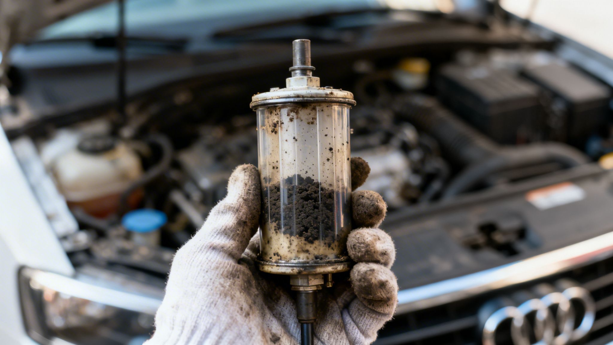 A gloved hand holds a severely dirty car fuel filter, with an open engine bay visible behind it.