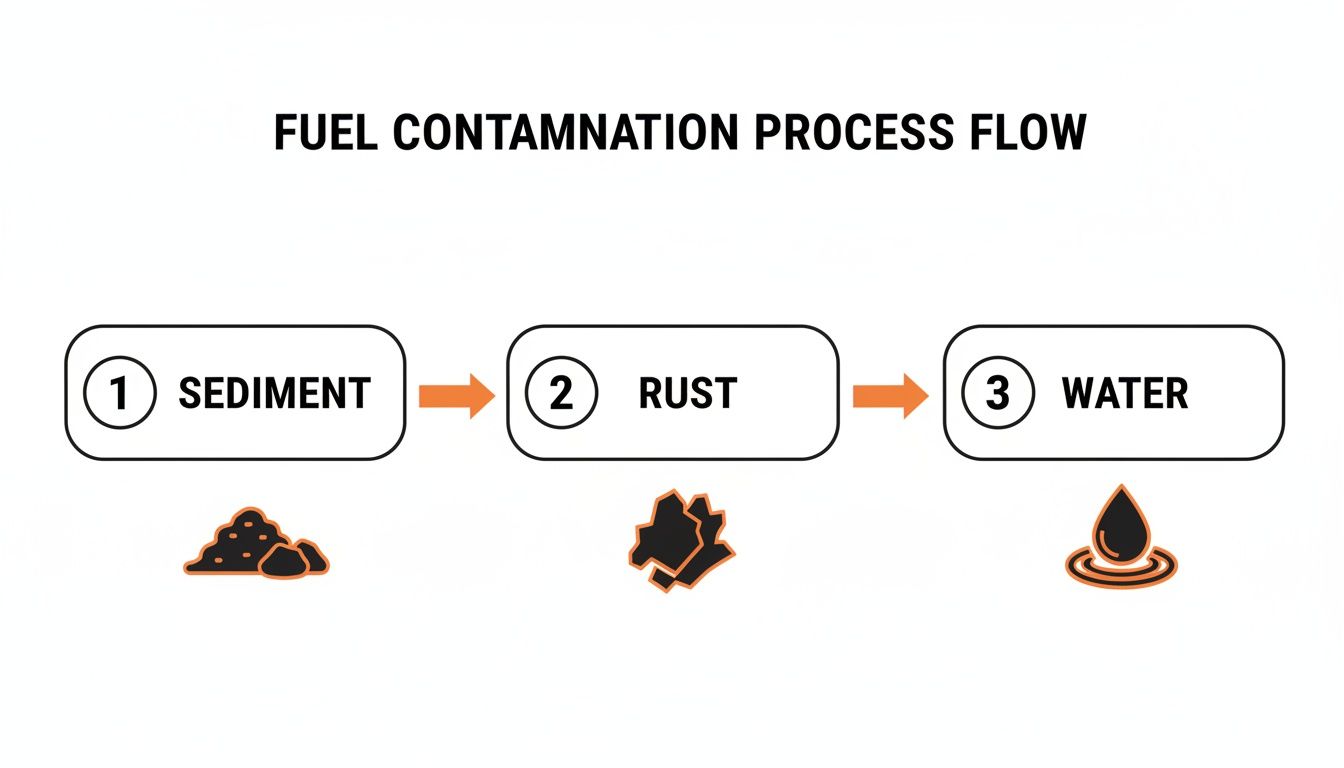 Fuel contamination process flow diagram showing sediment, rust, and water as contaminants.
