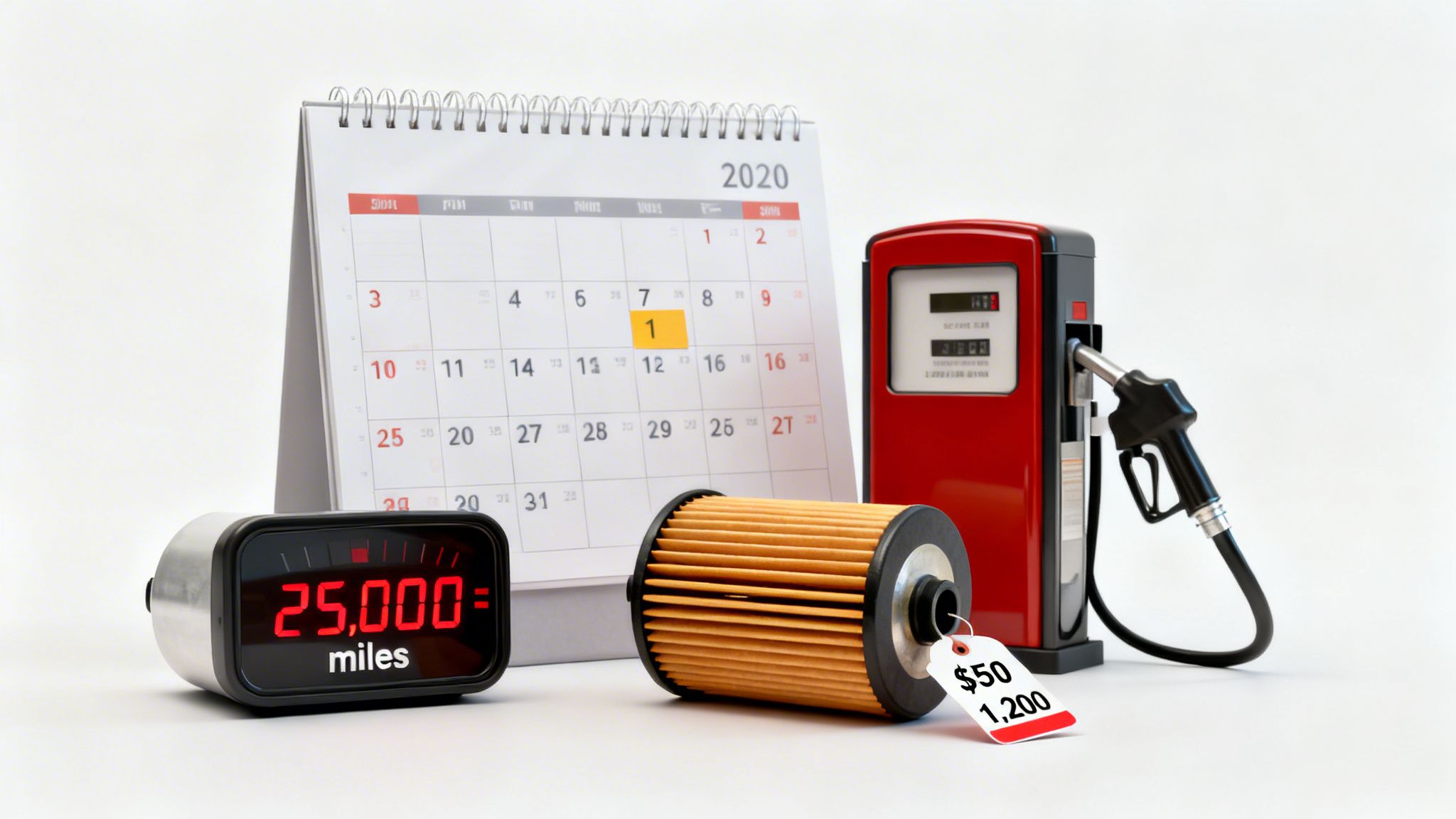 Calendar, gas pump, 25,000 miles odometer, and a fuel filter with a $50 price tag.