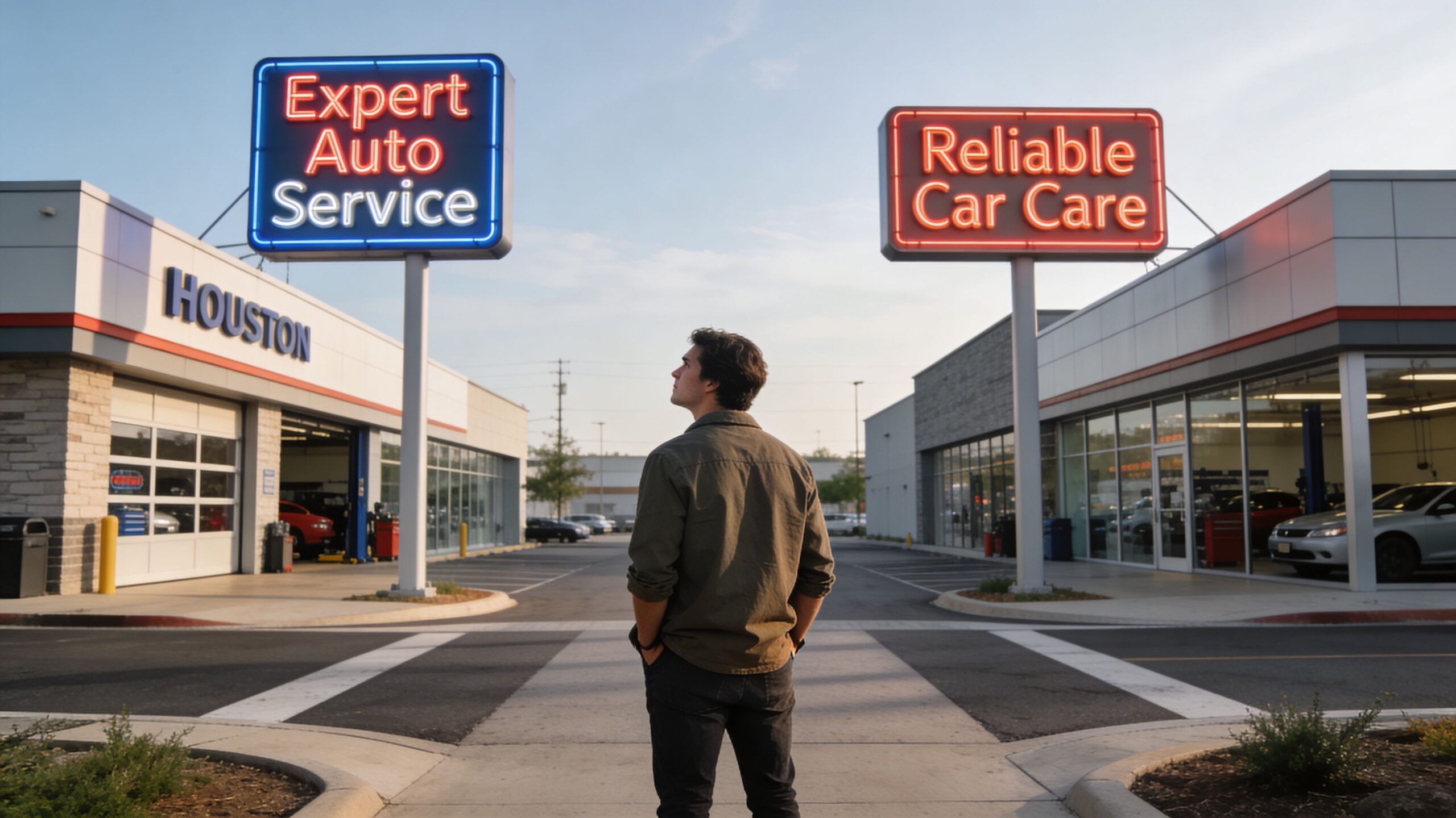 A man standing in the middle of a parking lot between two car repair shops in Houston.