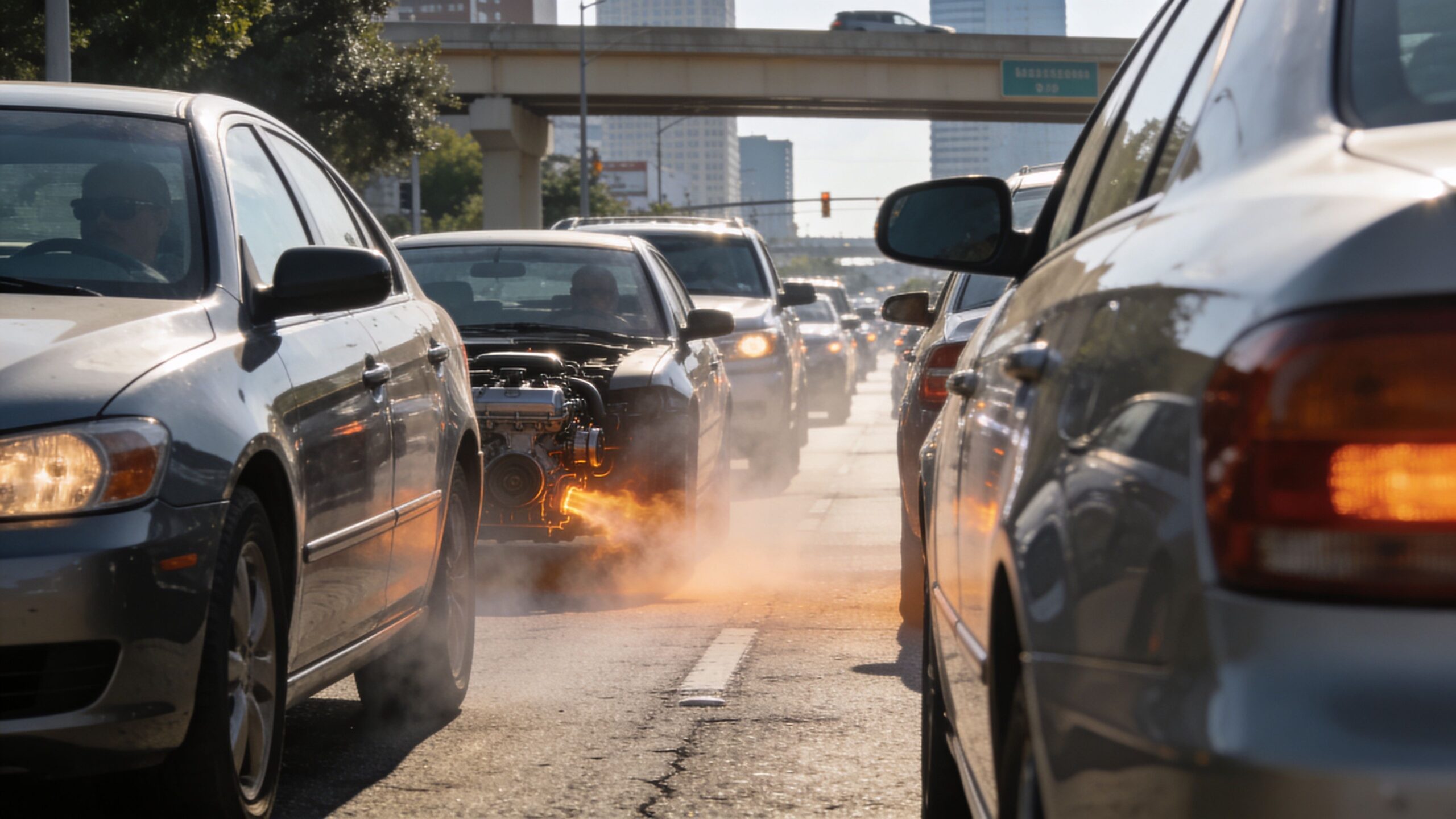 A car stuck in traffic with its engine smoking and catching fire on a busy highway.