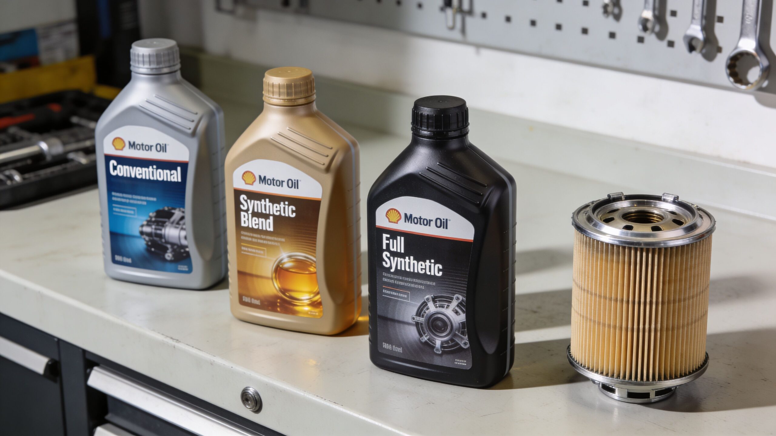 Three bottles of Shell motor oil with different formulations and an oil filter on a workshop bench.