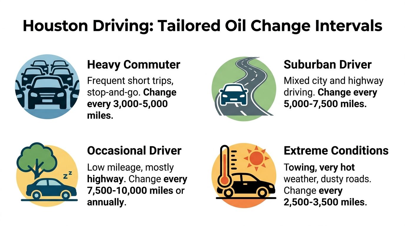 A chart showing tailored oil change mileage intervals for different types of Houston drivers and road conditions.