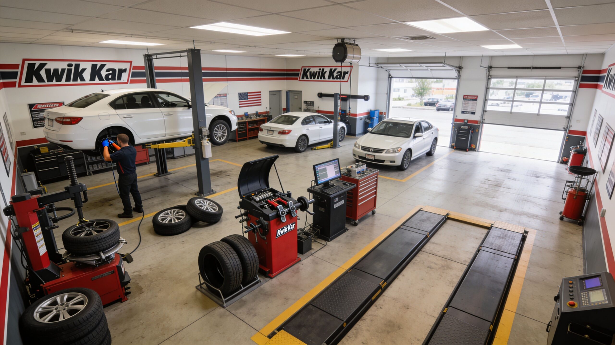 A professional technician working on a car in a modern, clean Kwik Kar auto repair garage.