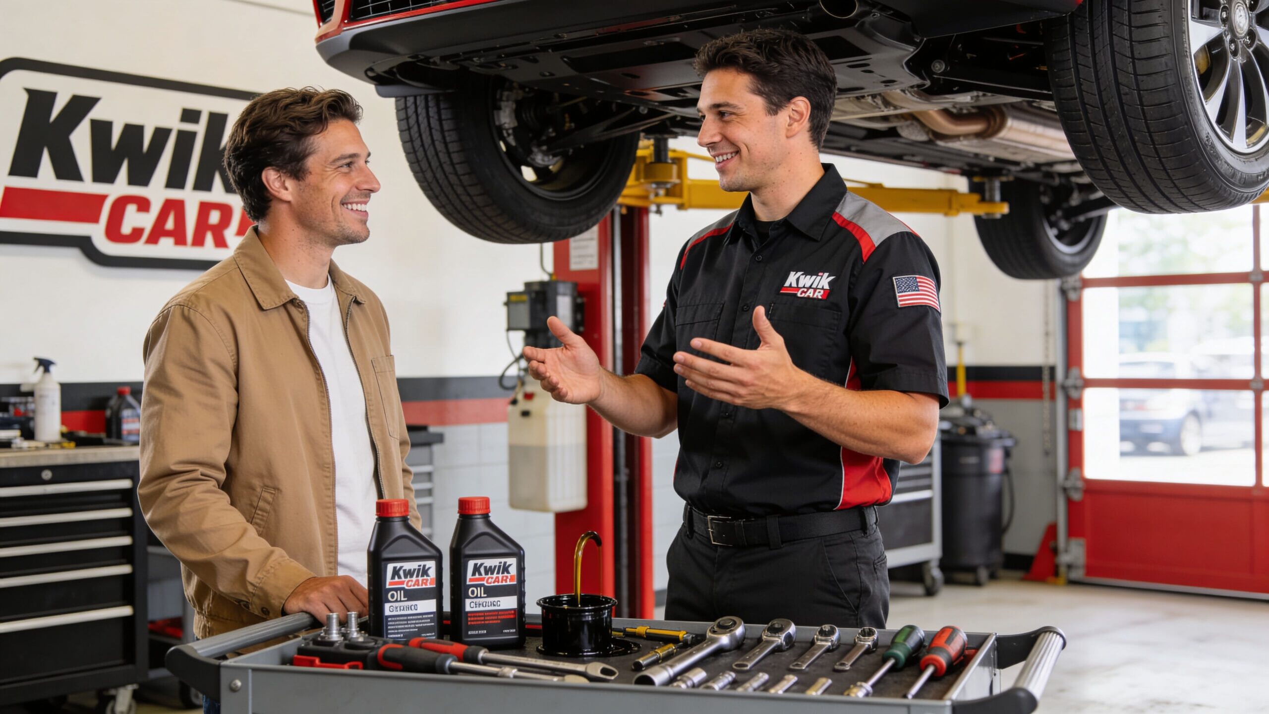 A smiling mechanic in a Kwik Car uniform explaining oil change services to a customer in a shop.