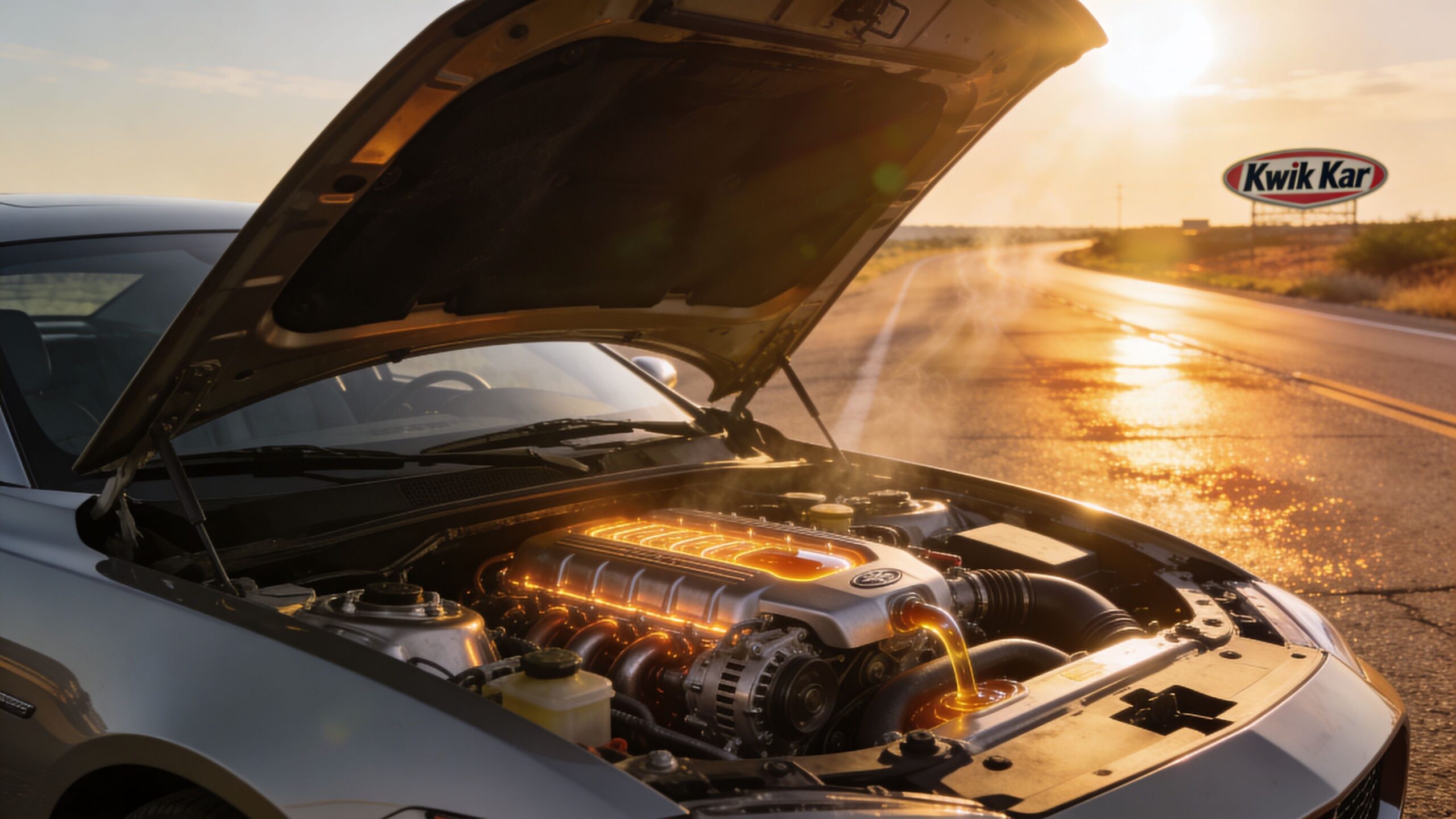 A car with its hood open on the side of a road, emitting steam from an overheated engine.