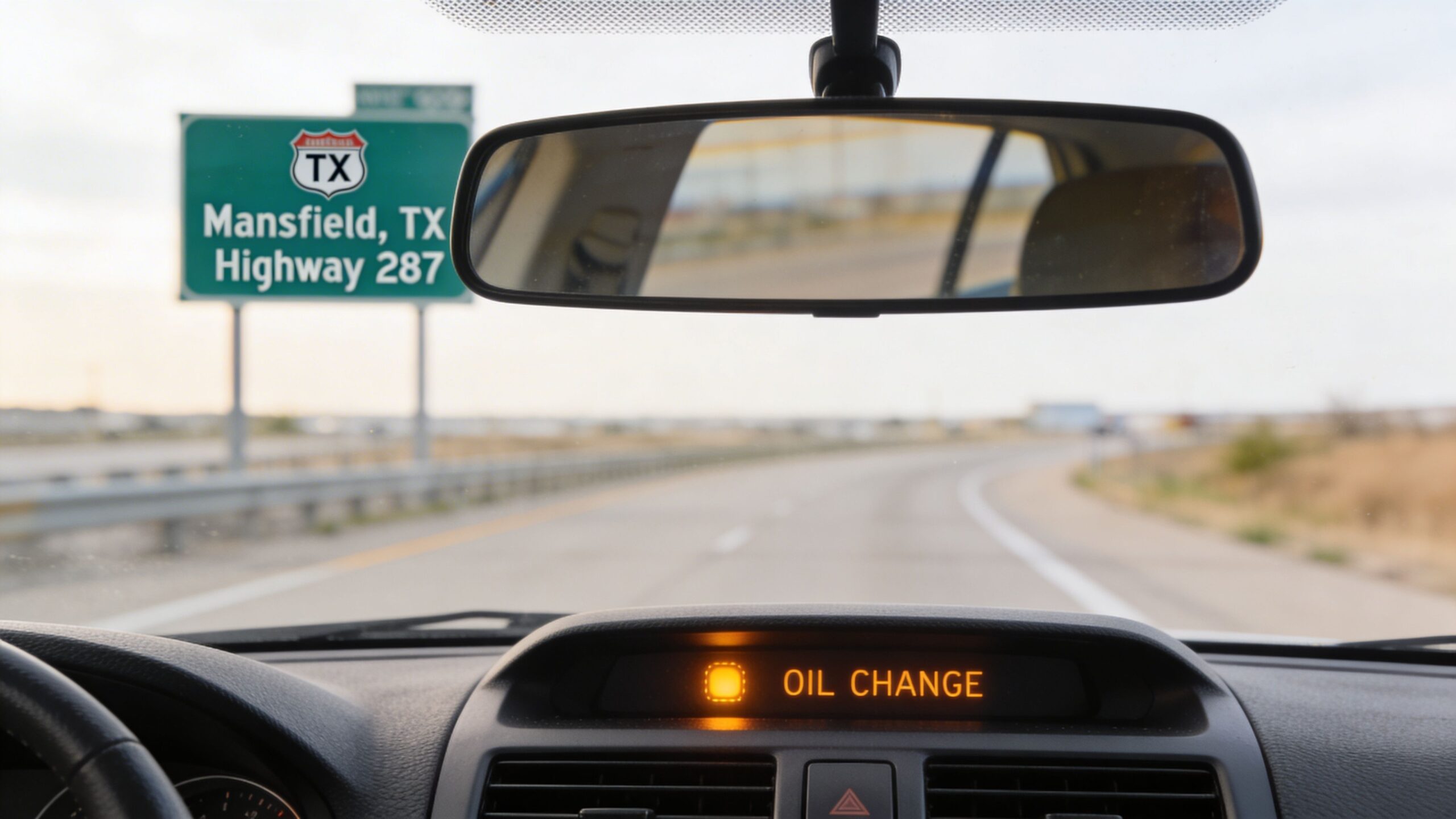 A view from inside a car driving towards a Mansfield, Texas road sign with an oil change warning light.