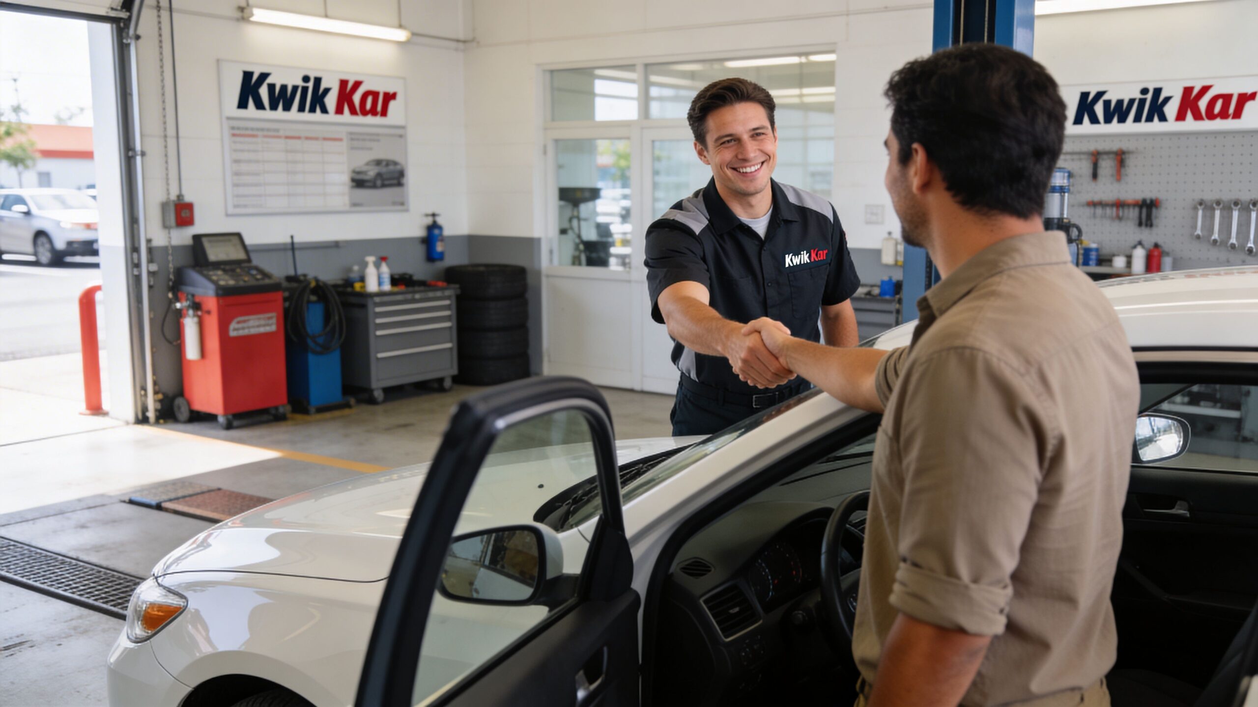 A friendly mechanic shaking hands with a customer at a Kwik Kar automotive service center in Mansfield.
