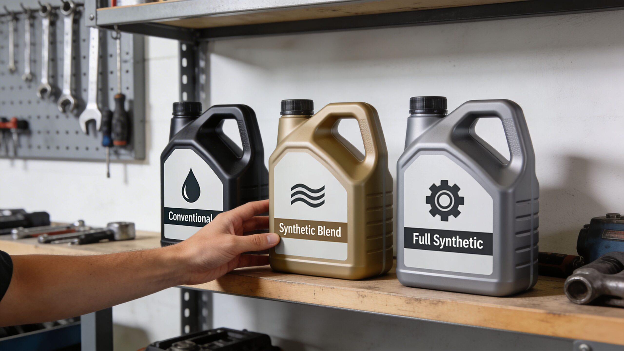 A hand selecting a gold container of synthetic blend motor oil from a garage workshop shelf.