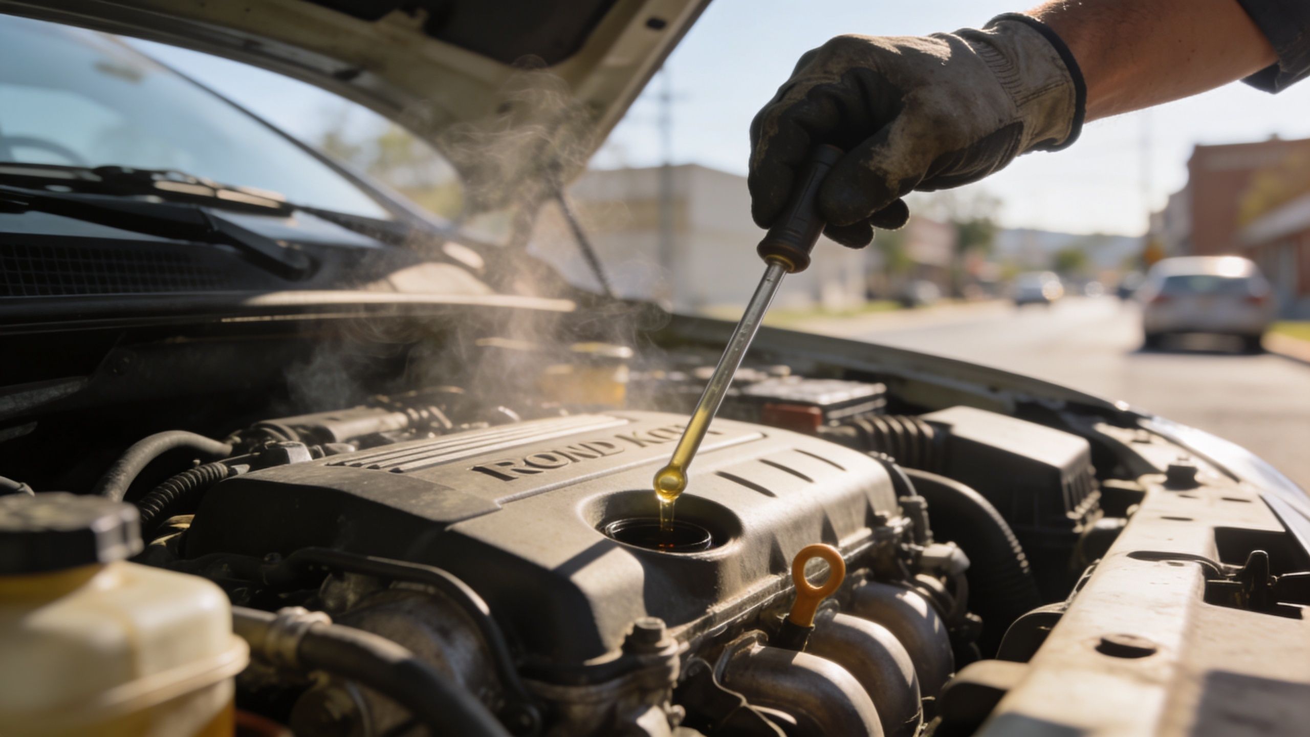 A mechanic with a gloved hand pours oil into a hot, steaming car engine during maintenance.